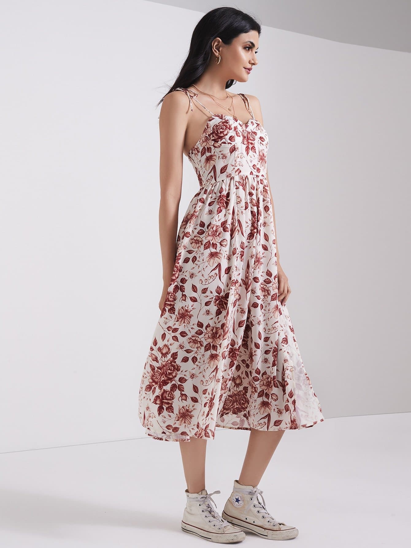 Spaghetti Strap Sleeveless Shirred Back Split Thigh Floral Cami Dress