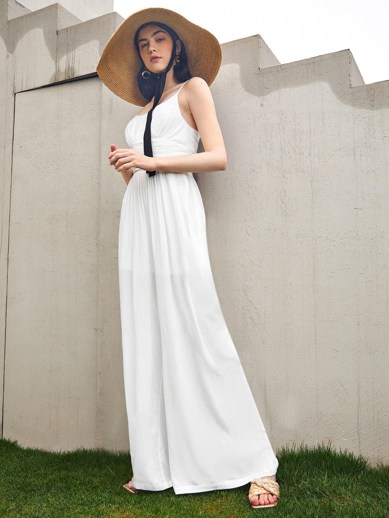 White Crisscross Back Sleeveless Spaghetti Strap Cami Jumpsuit