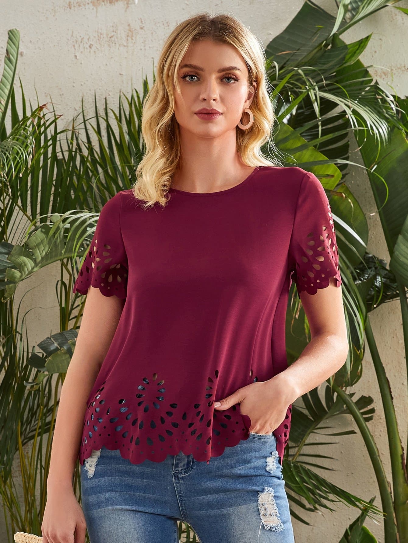 Maroon Round Neck Laser Cut Solid Top