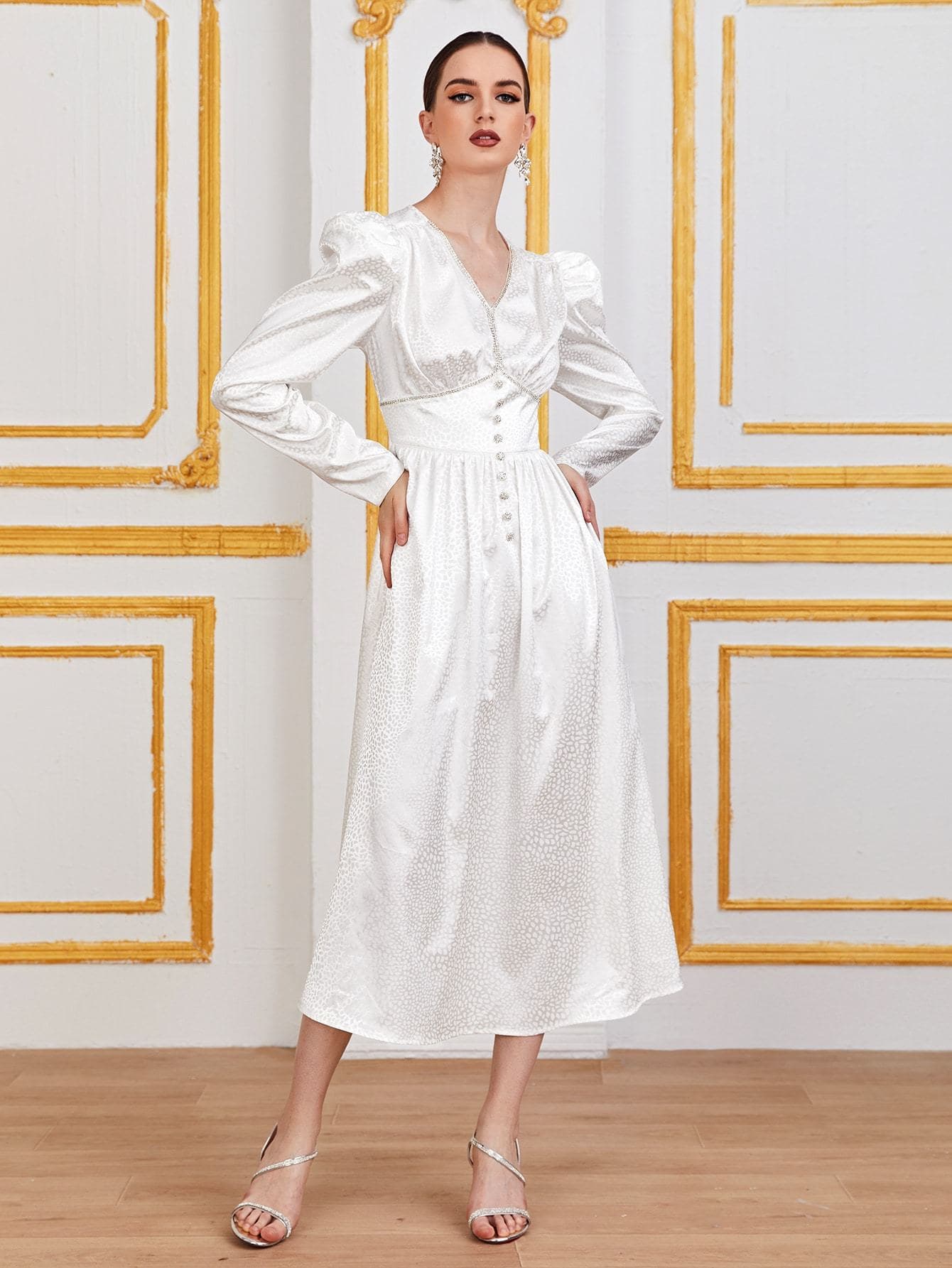 V-neck Puff Sleeve Rhinestone Jacquard Dress