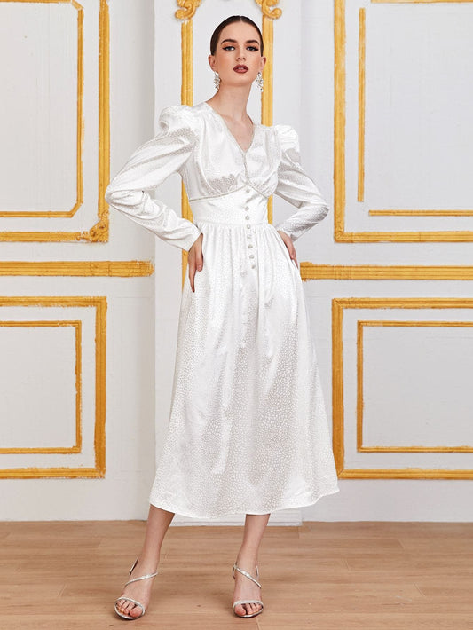 V-neck Puff Sleeve Rhinestone Jacquard Dress