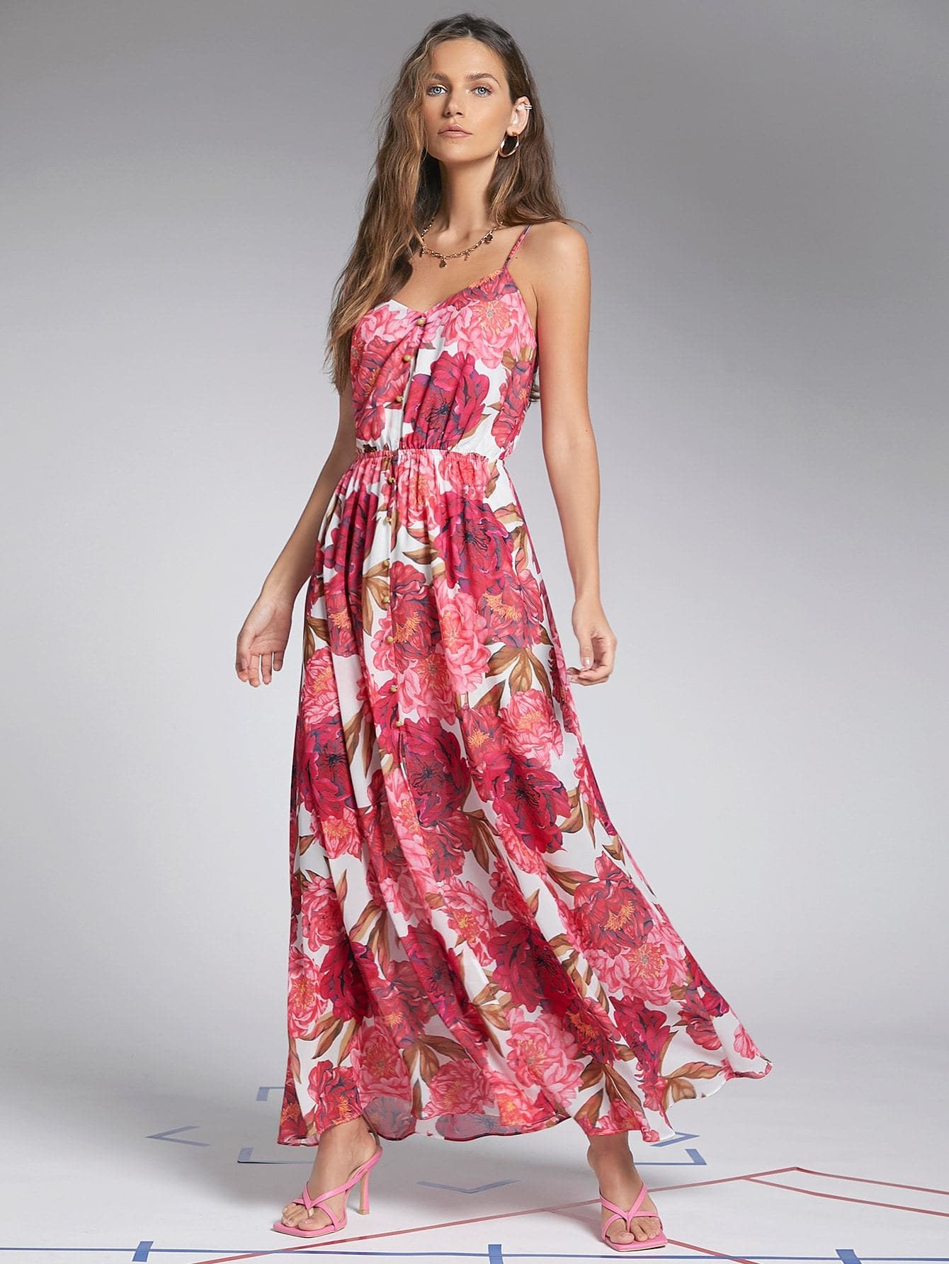 Spaghetti Strap Sleeveless Lace Up Back Floral Cami Dress