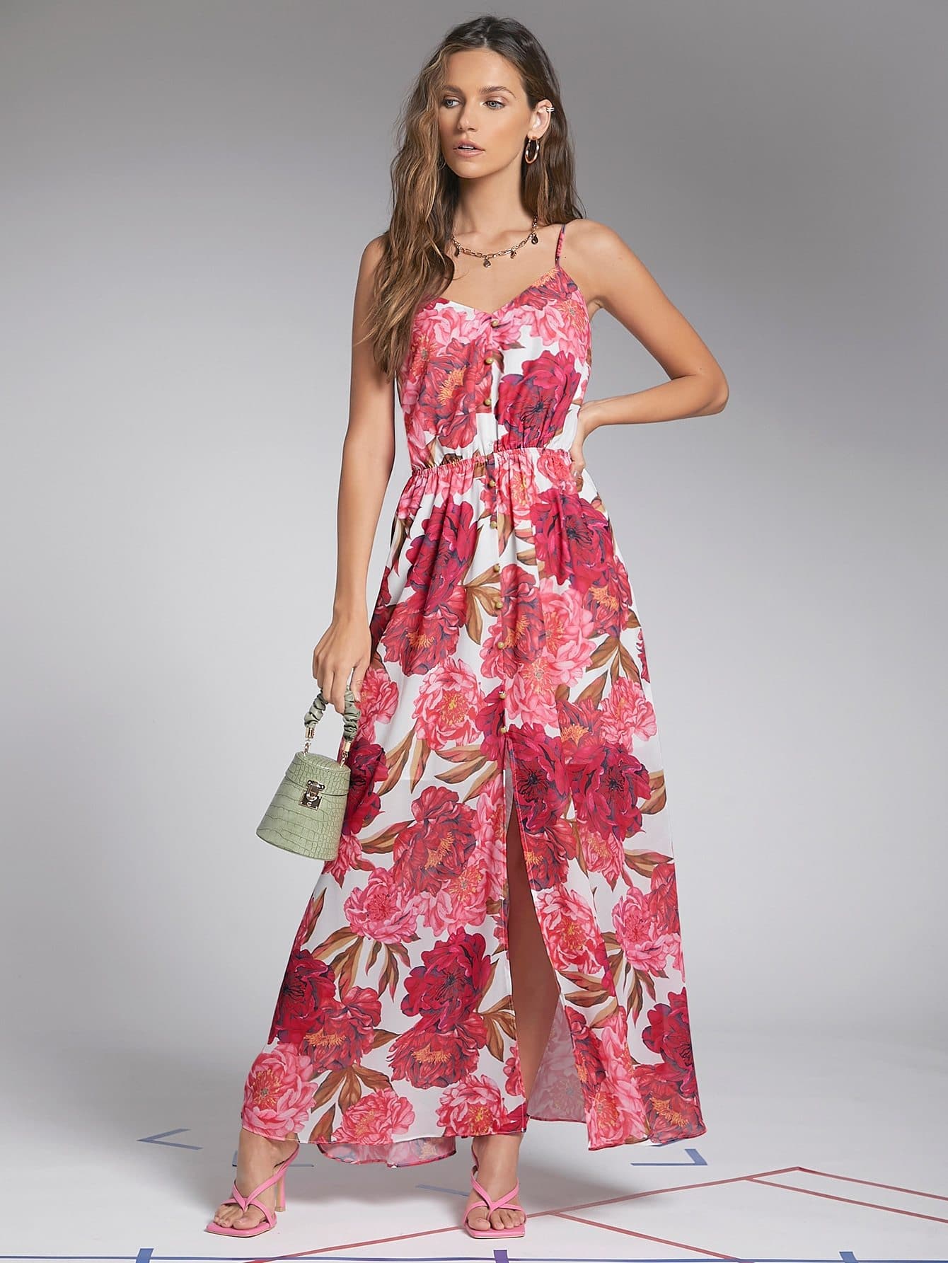 Spaghetti Strap Sleeveless Lace Up Back Floral Cami Dress