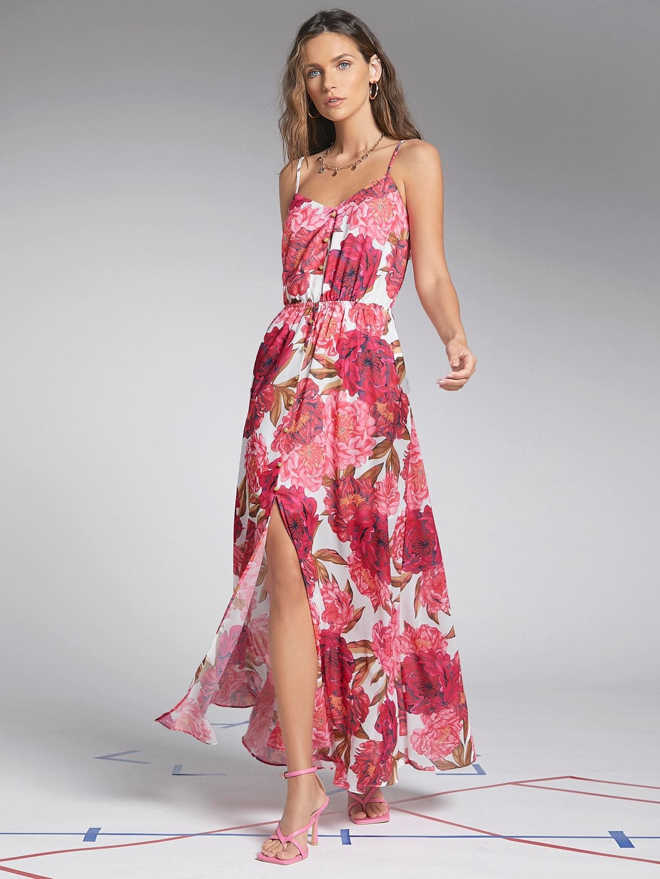Spaghetti Strap Sleeveless Lace Up Back Floral Cami Dress