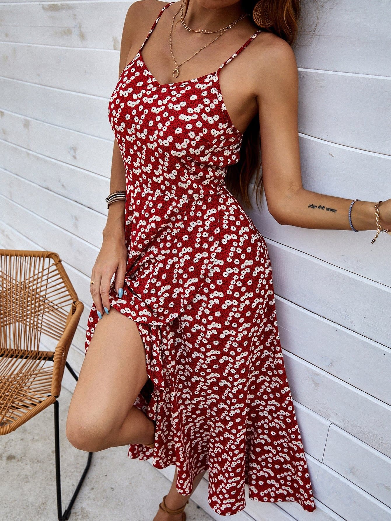 Burgundy Spaghetti Strap Sleeveless Ditsy Floral Ruffle Trim Cami Dress