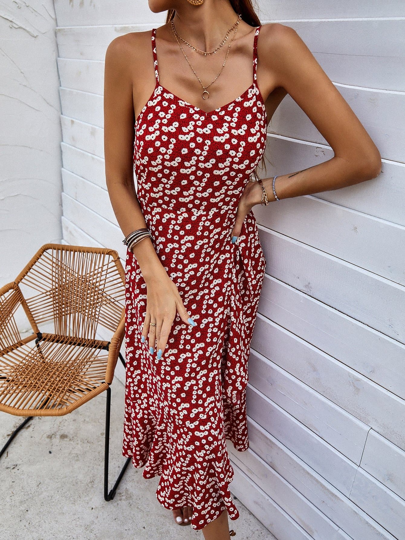 Burgundy Spaghetti Strap Sleeveless Ditsy Floral Ruffle Trim Cami Dress