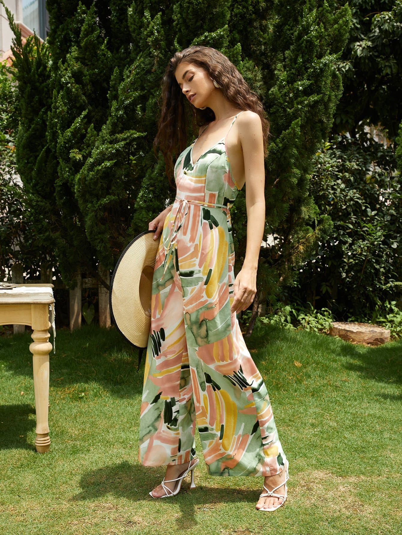 Sleeveless Spaghetti Strap Crisscross Back Self Belted Cami Jumpsuit