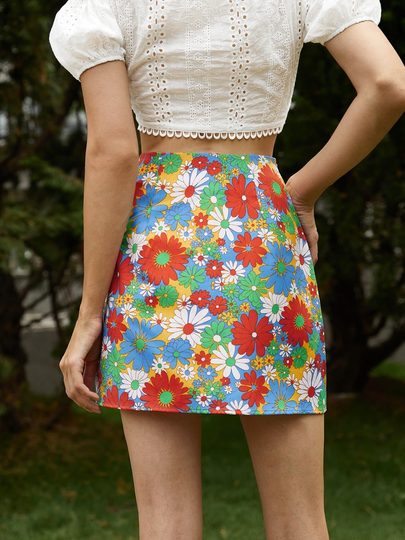 Split Hem Floral Print High Waist Short Skirt