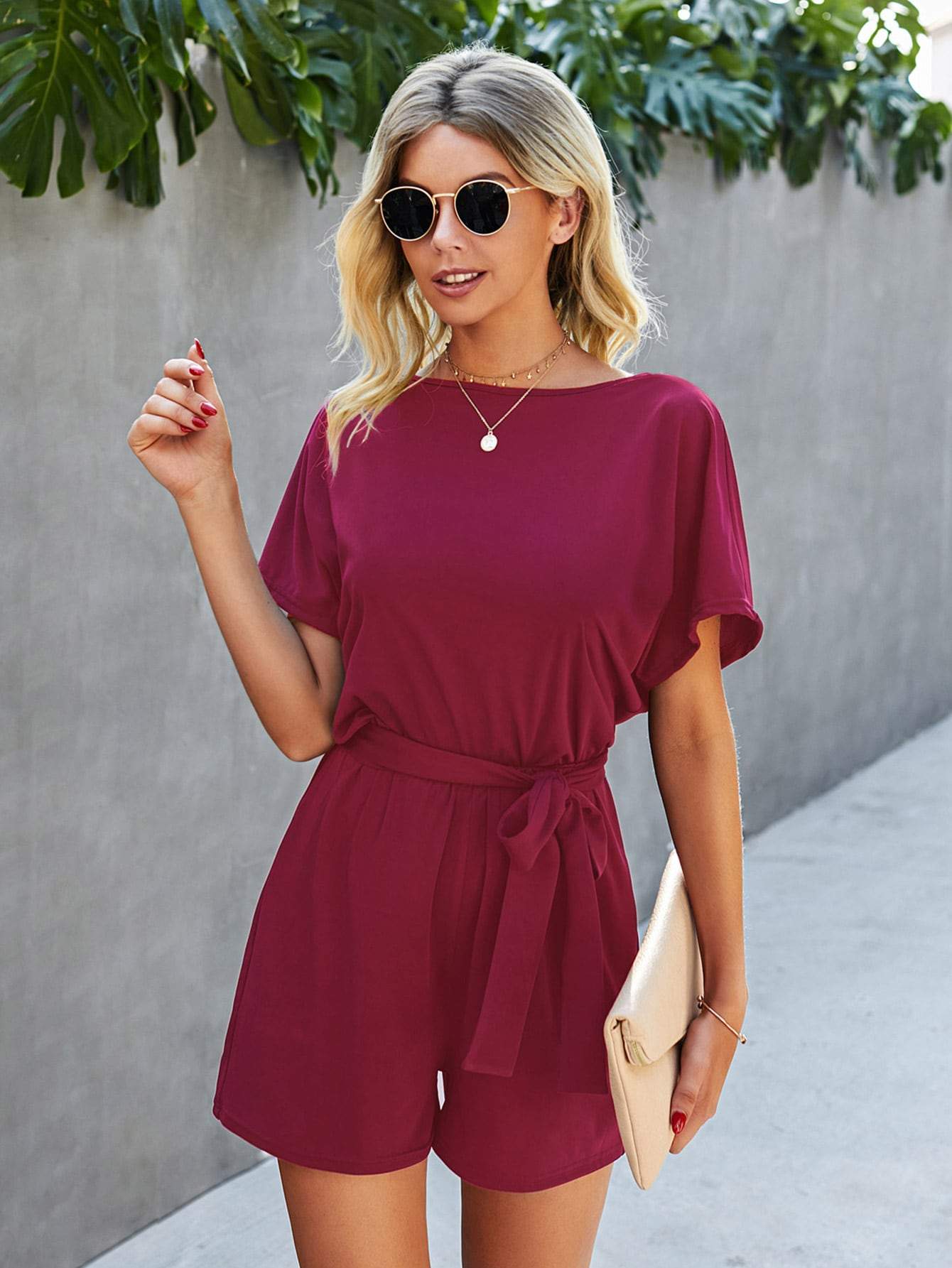 Burgundy Boat Neck Solid Belted Keyhole Back Tee Romper