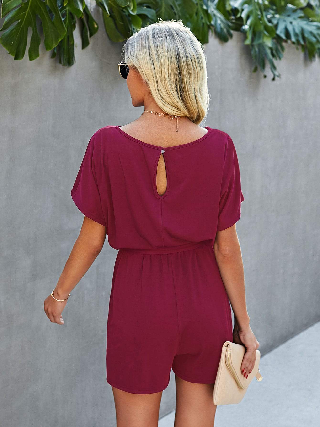 Burgundy Boat Neck Solid Belted Keyhole Back Tee Romper