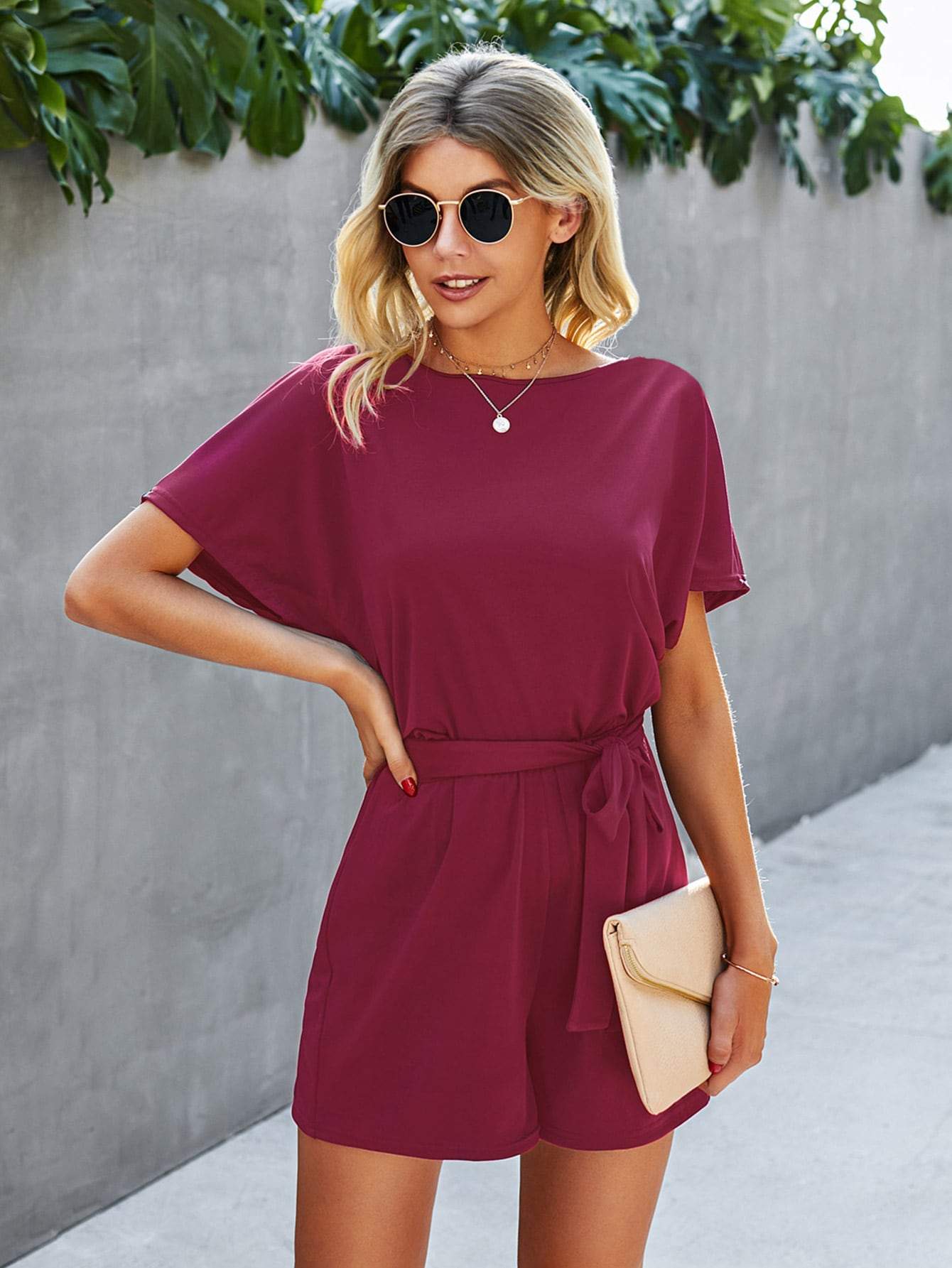 Burgundy Boat Neck Solid Belted Keyhole Back Tee Romper