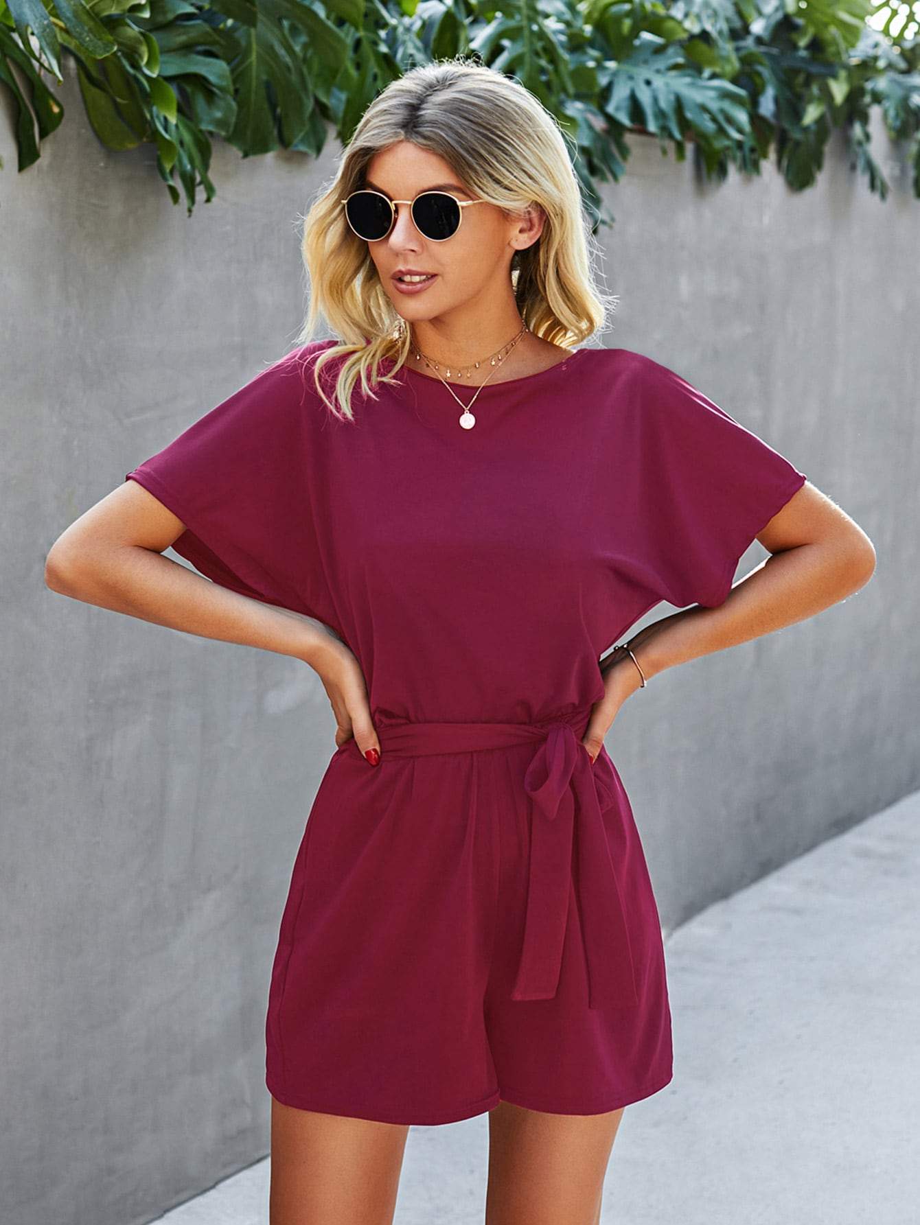 Burgundy Boat Neck Solid Belted Keyhole Back Tee Romper