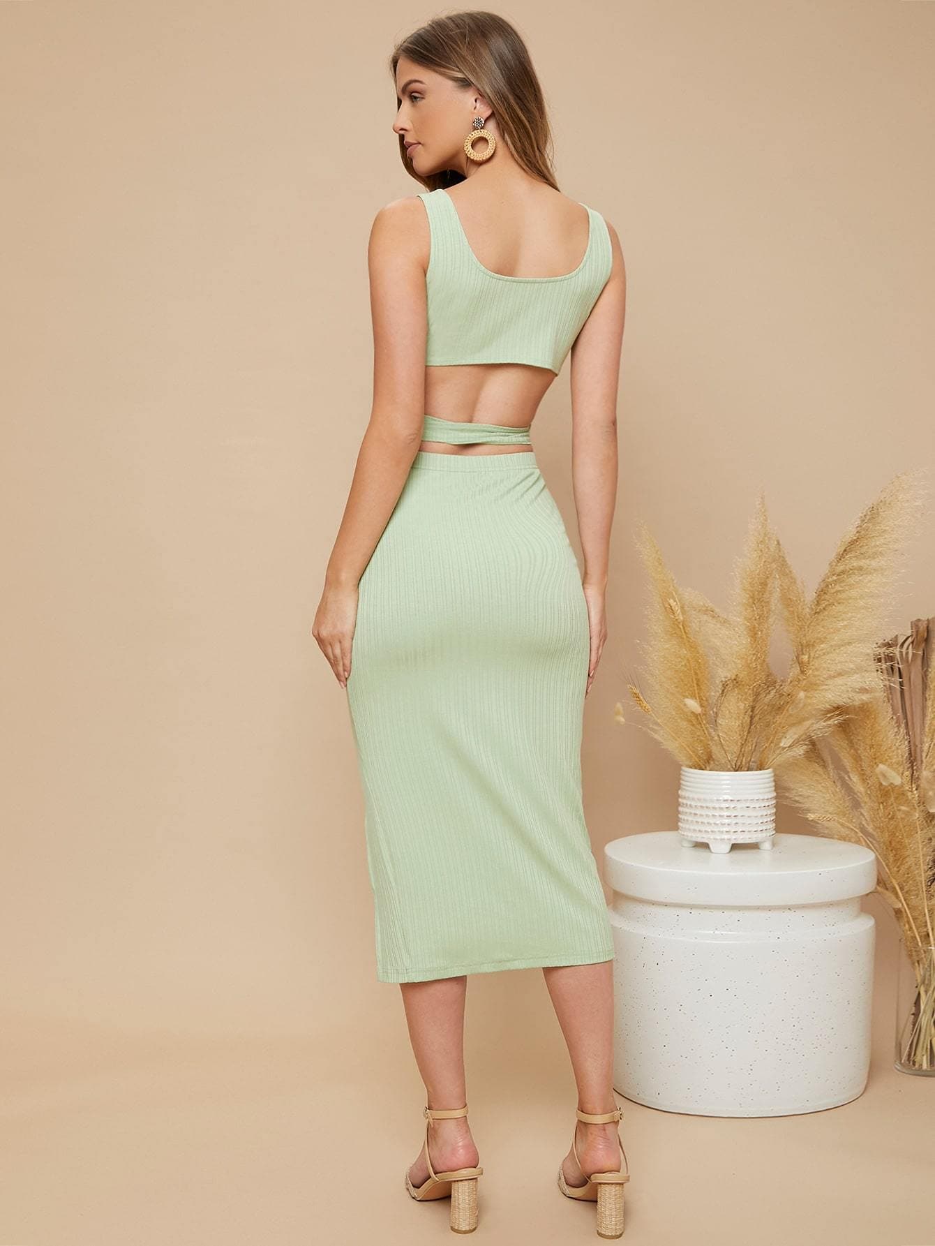 Mint Green V-Neck Sleeveless Solid Rib-knit Crisscross Tank Top and Split Thigh Skirt Set