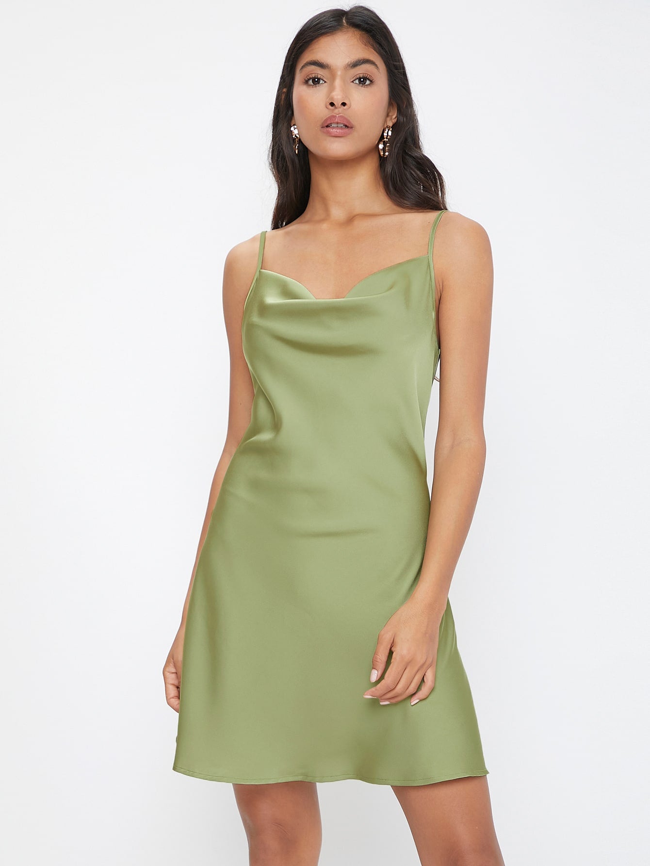 Spaghetti Strap Sleeveless Cowl Neck Solid Cami Dress
