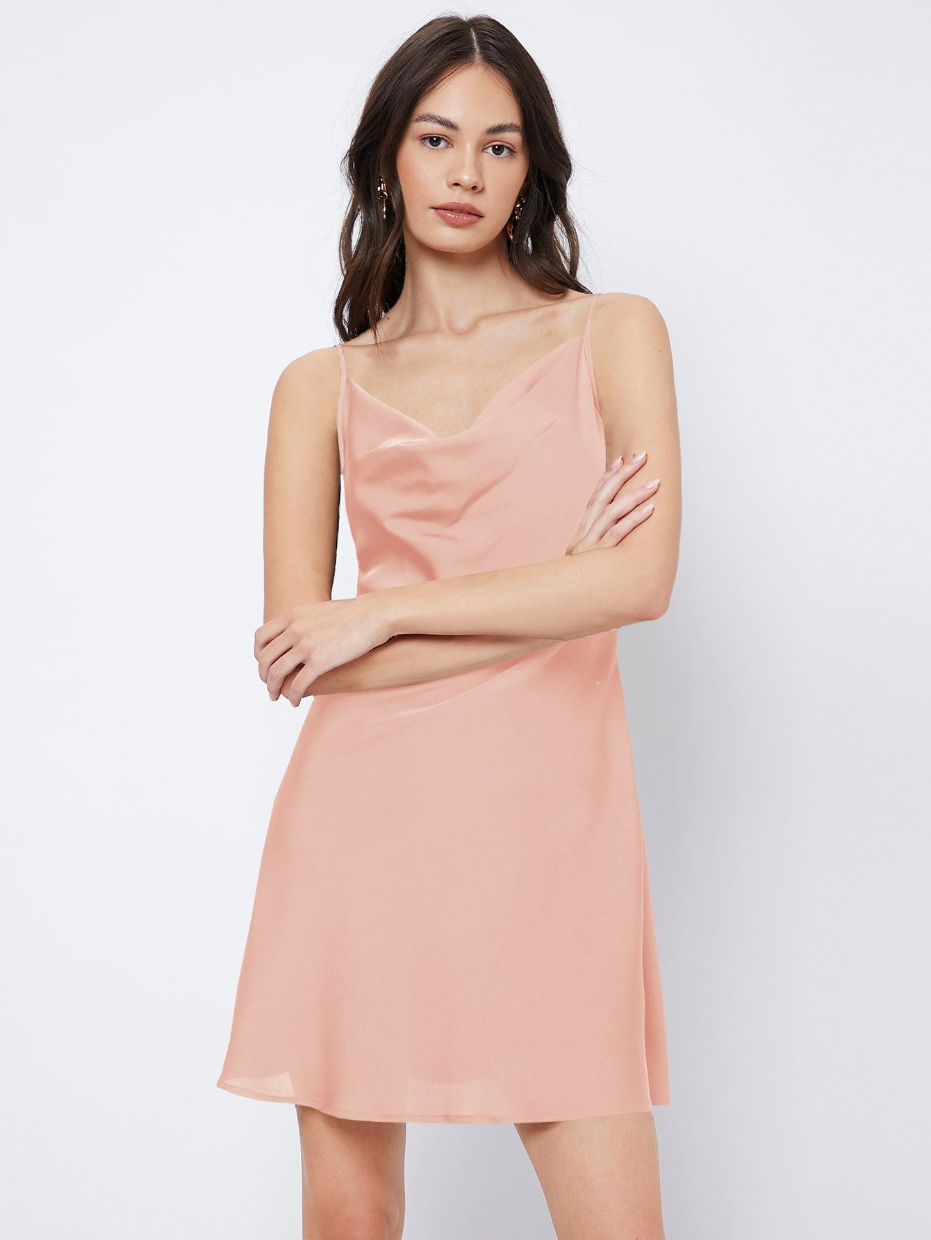 Spaghetti Strap Sleeveless Cowl Neck Solid Cami Dress