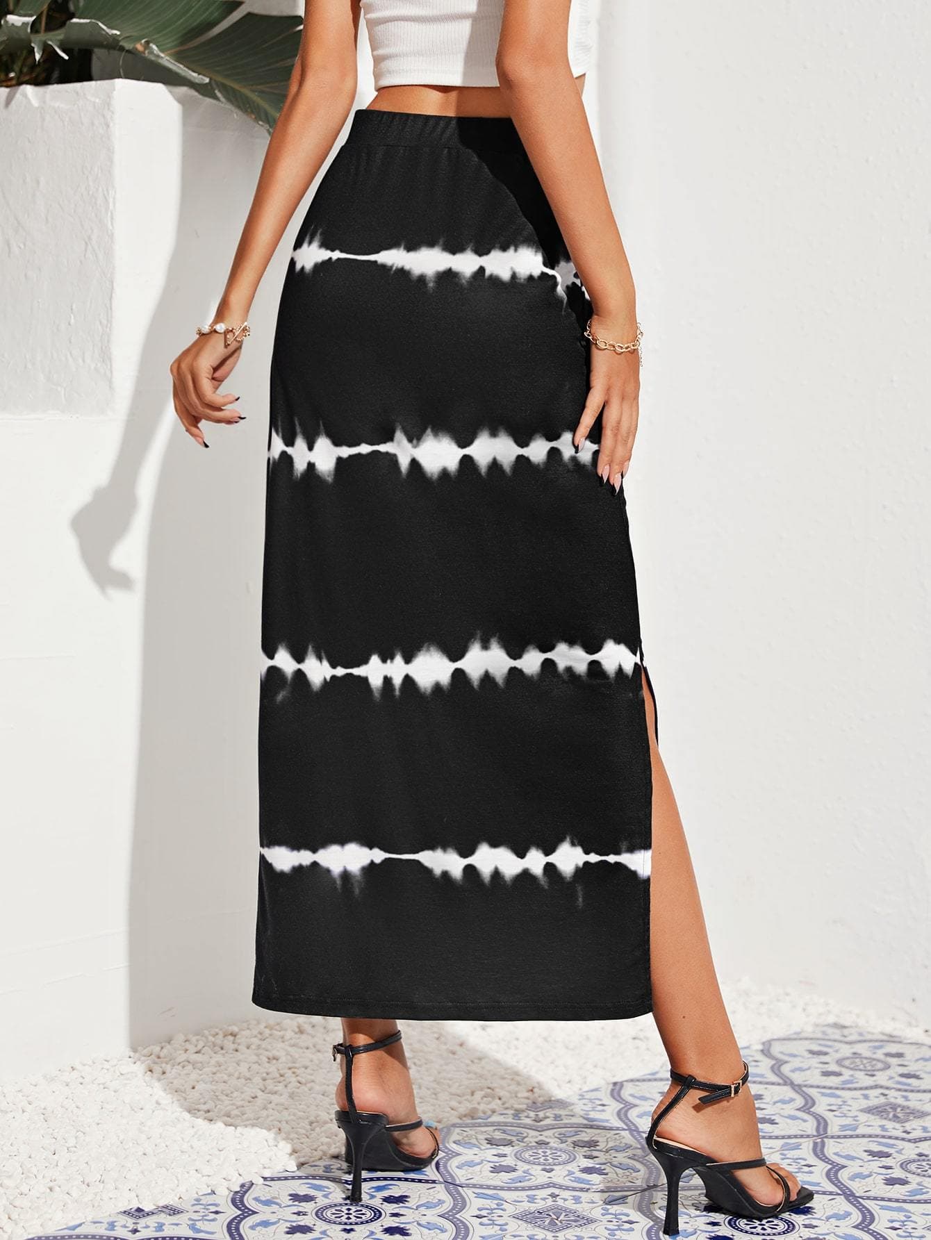Black White Tie Dye Split Hem High Waist Skirt