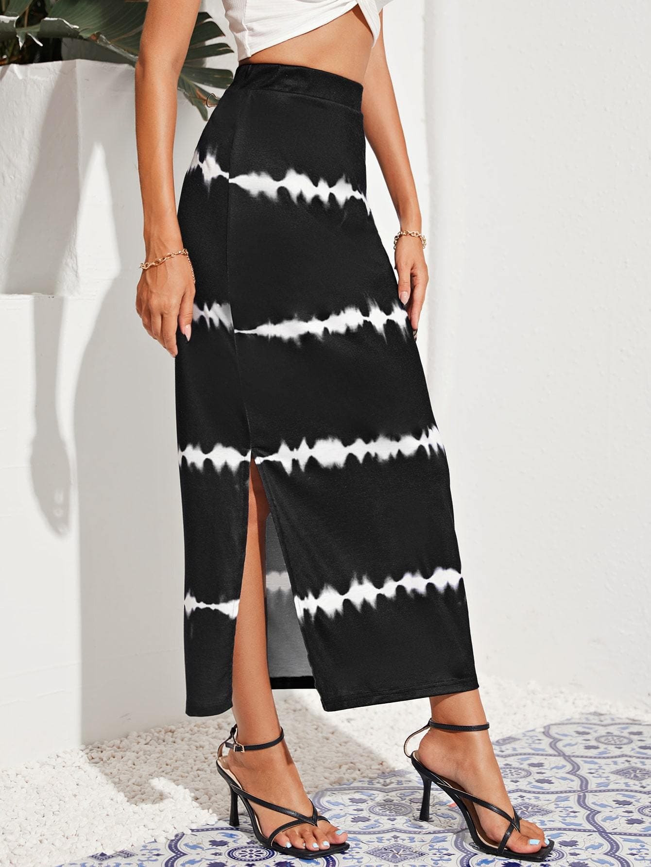 Black White Tie Dye Split Hem High Waist Skirt