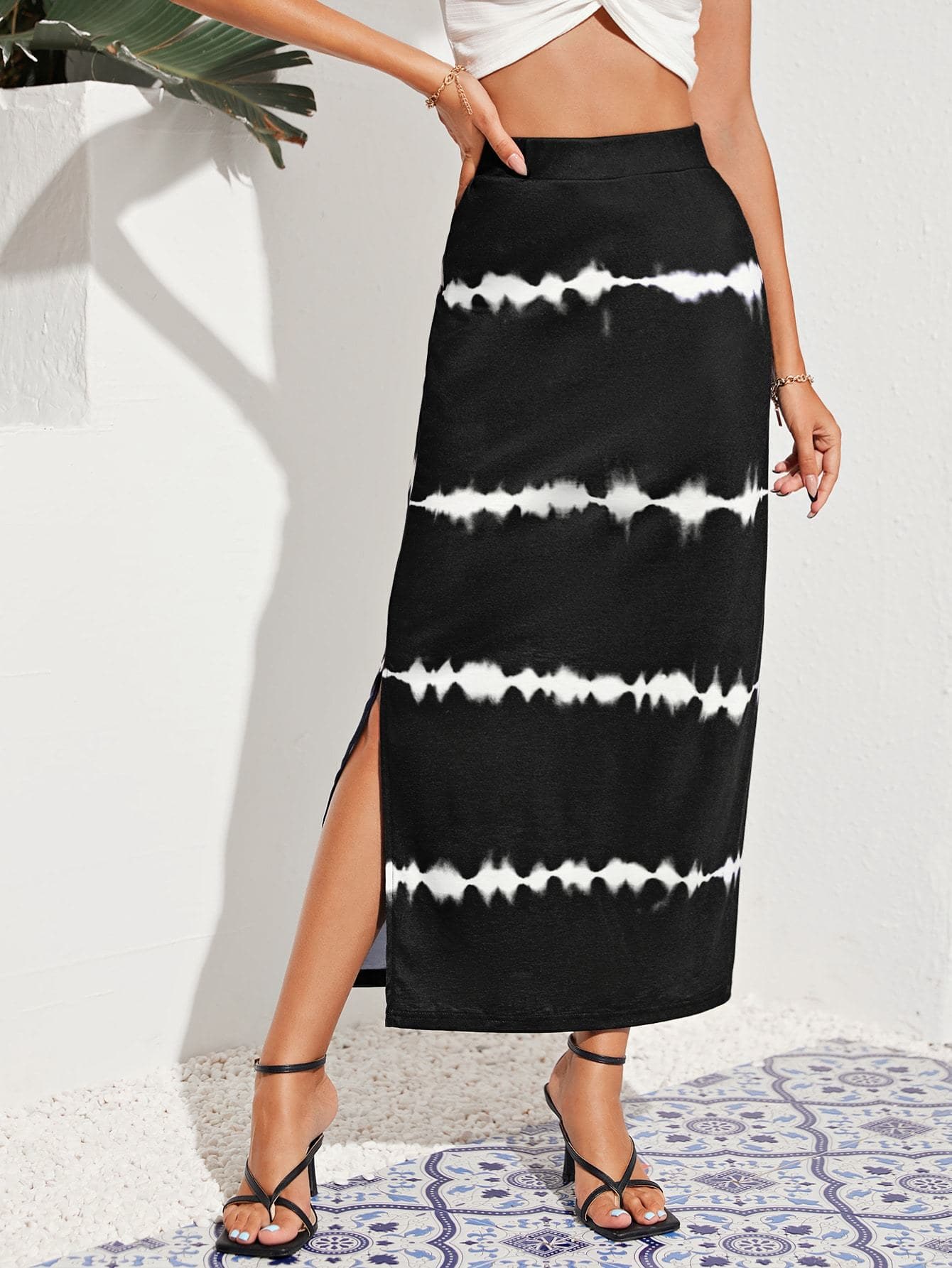 Black White Tie Dye Split Hem High Waist Skirt