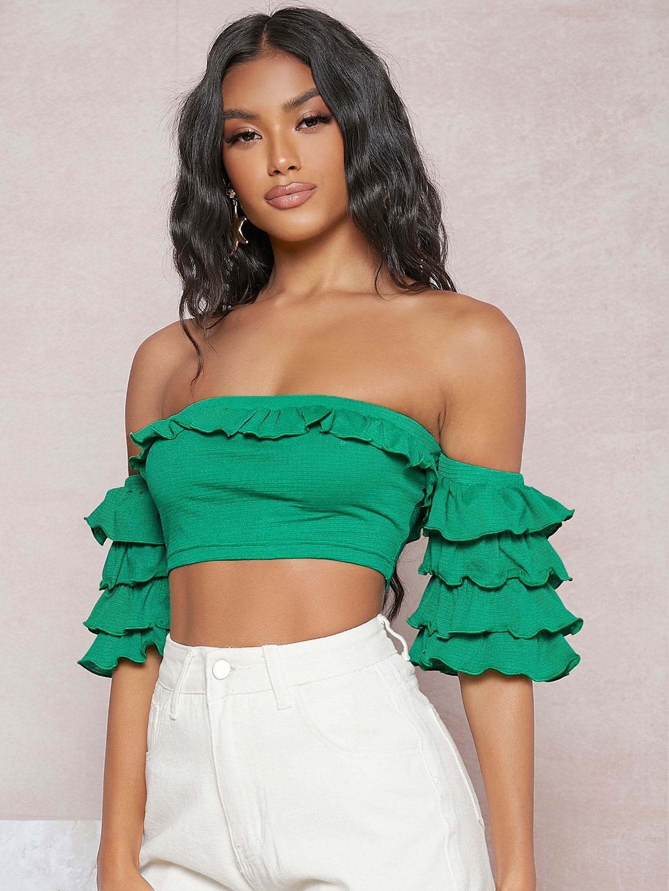 Green Sleeveless Off Shoulder Layered Sleeve Slim Fit Crop Top
