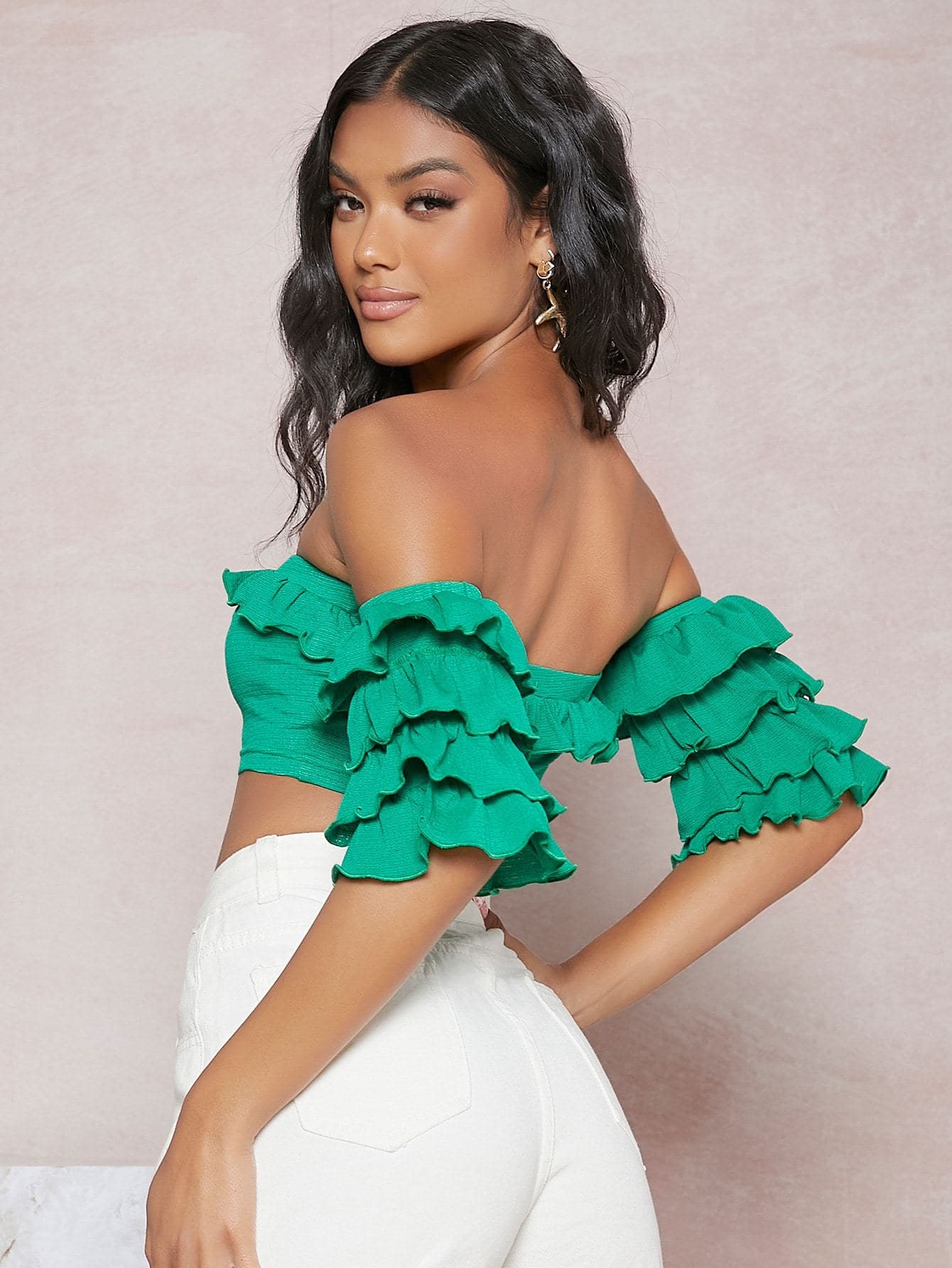 Green Sleeveless Off Shoulder Layered Sleeve Slim Fit Crop Top