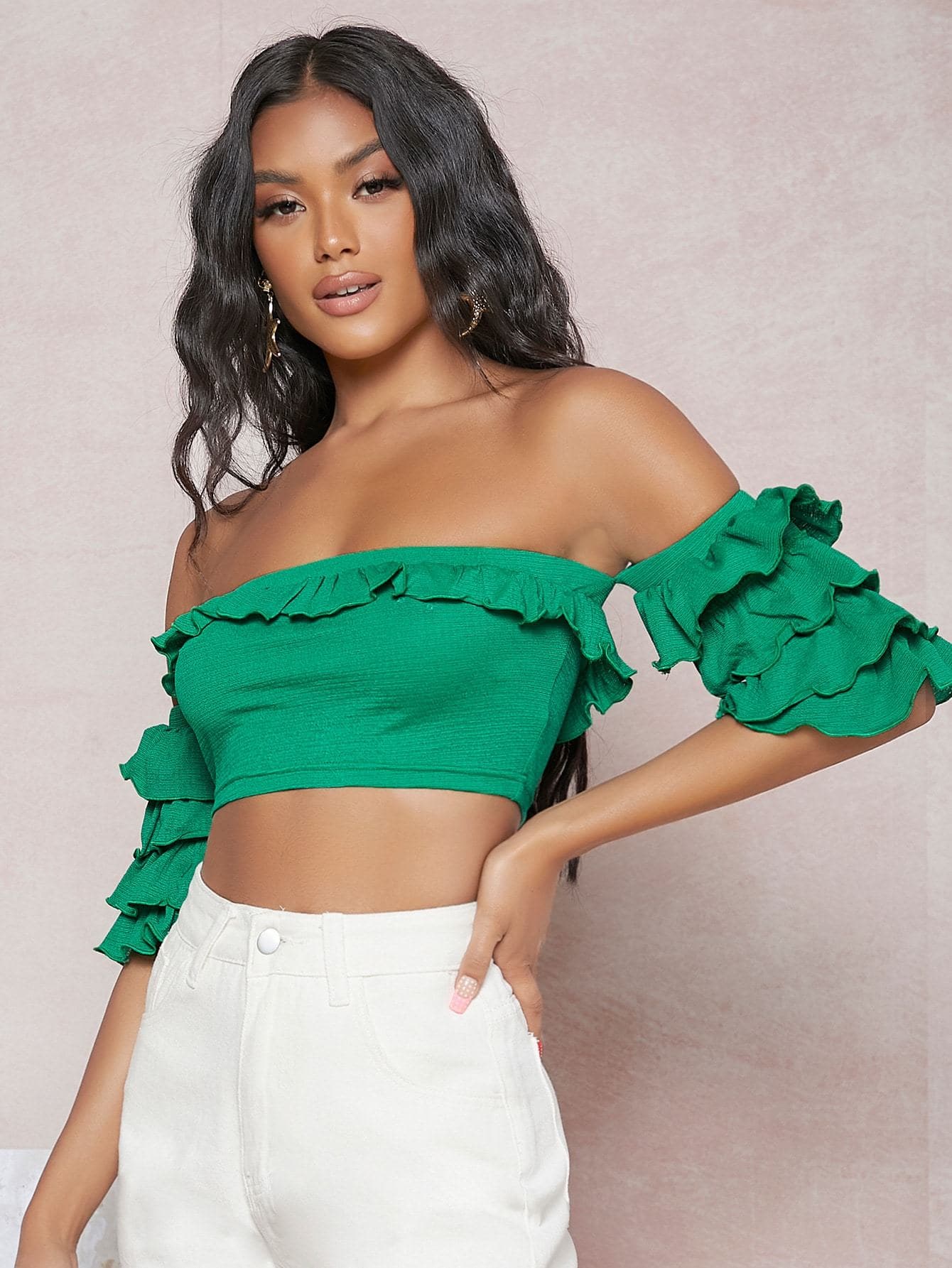 Green Sleeveless Off Shoulder Layered Sleeve Slim Fit Crop Top
