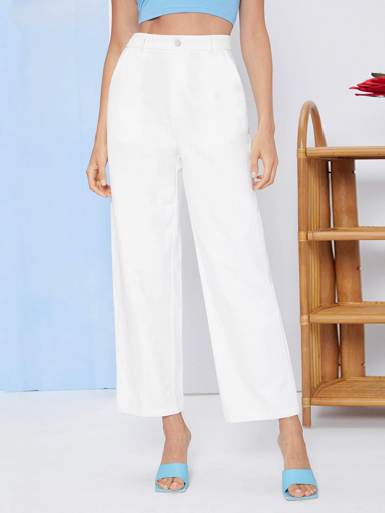 White High Waist Zipper Fly Slant Pocket Pants