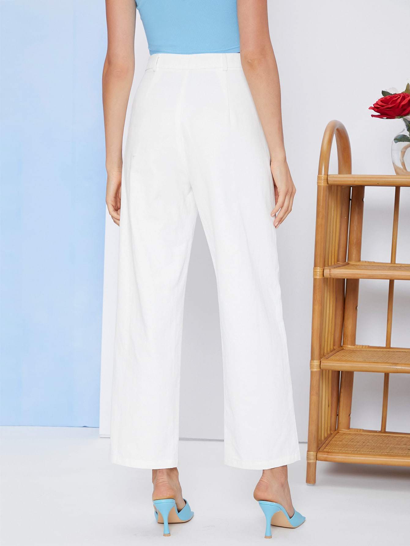 White High Waist Zipper Fly Slant Pocket Pants