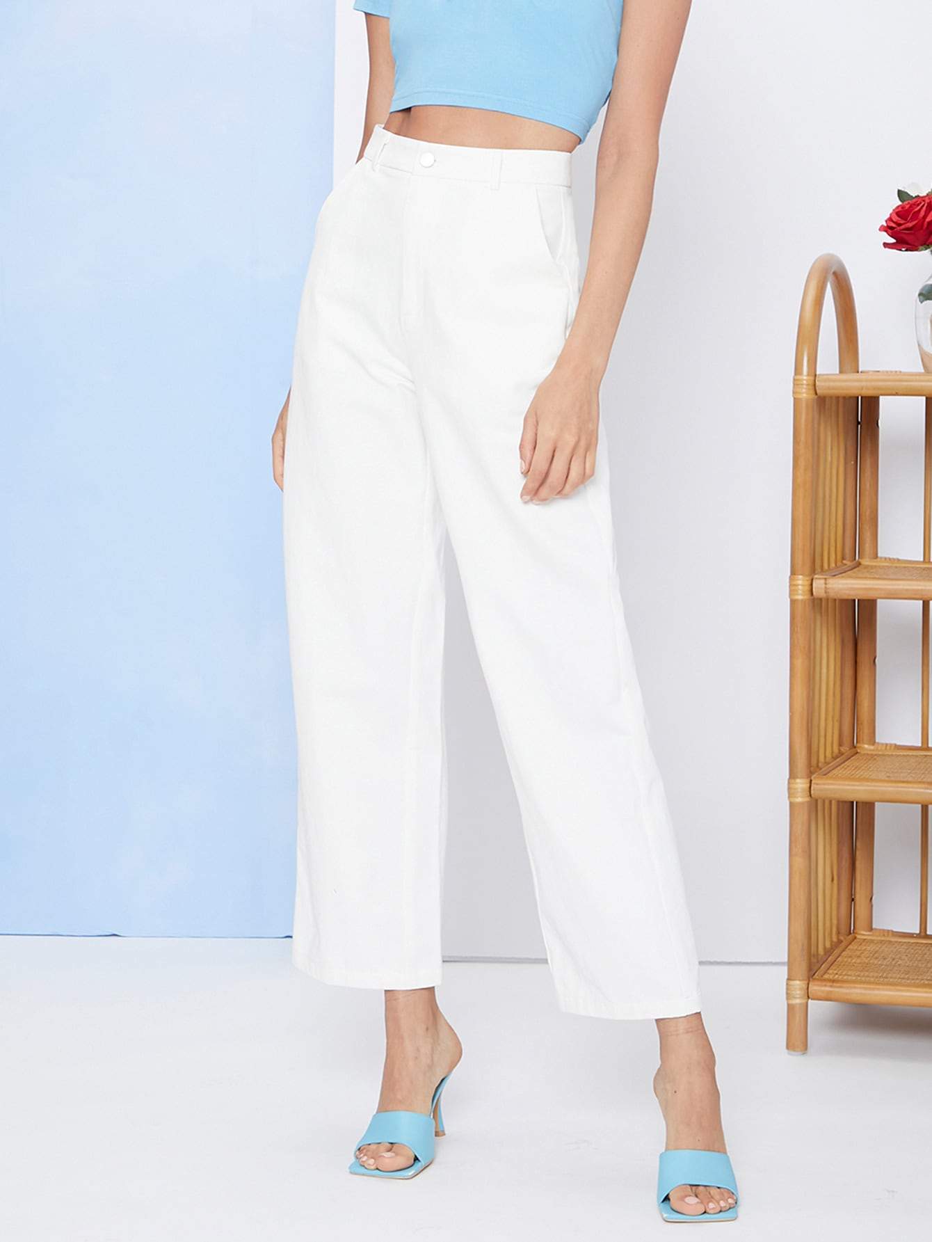 White High Waist Zipper Fly Slant Pocket Pants