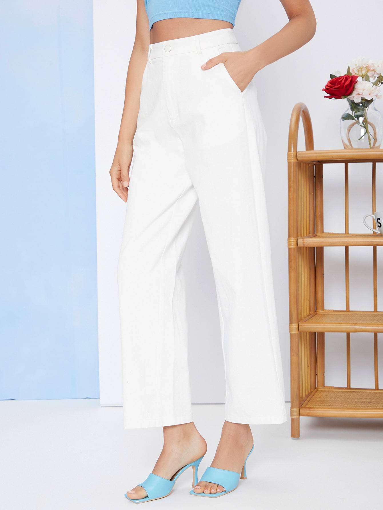 White High Waist Zipper Fly Slant Pocket Pants