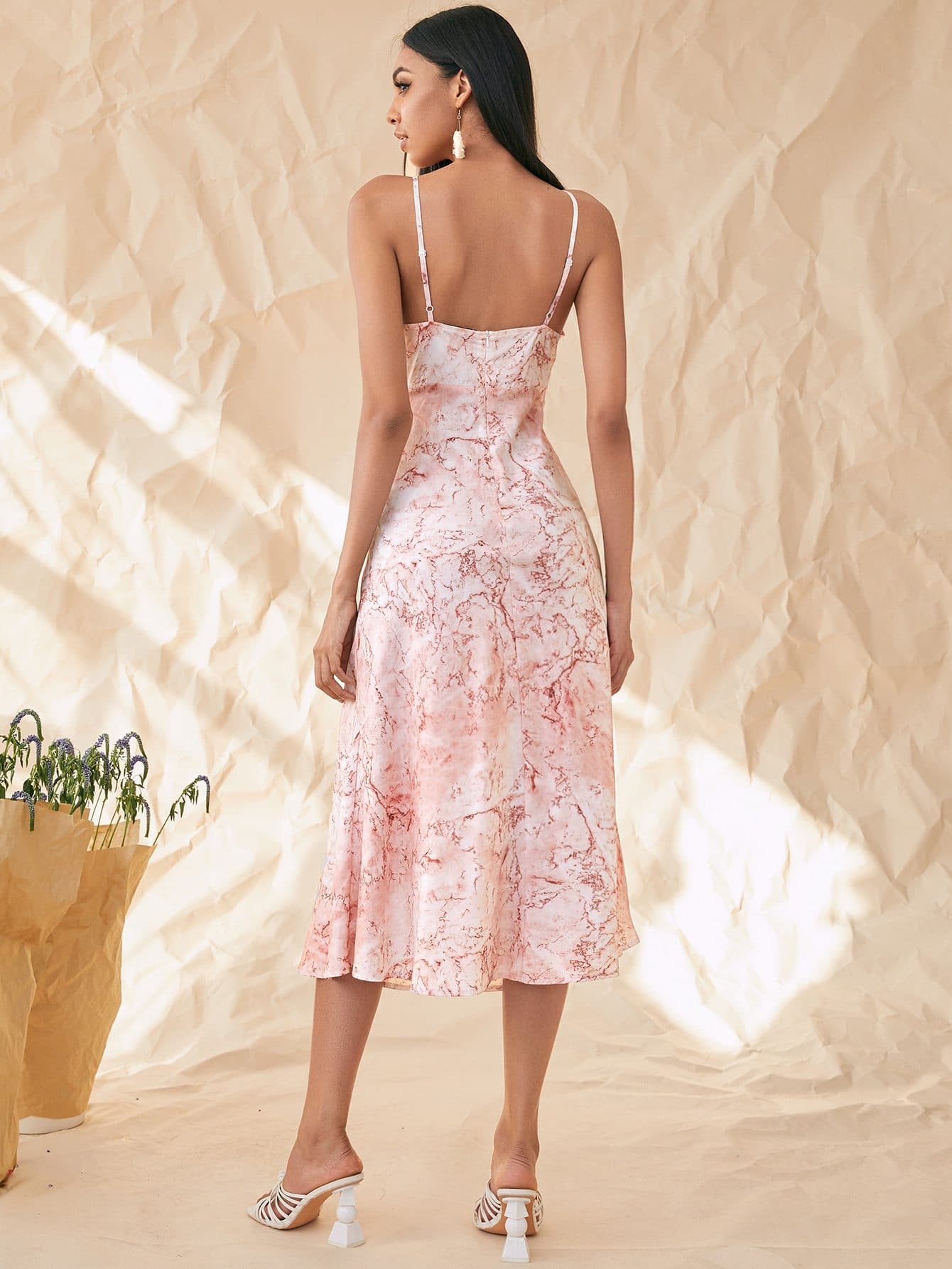 Pink Spaghetti Strap Sleeveless Ruched Bust Marbled Cami Dress