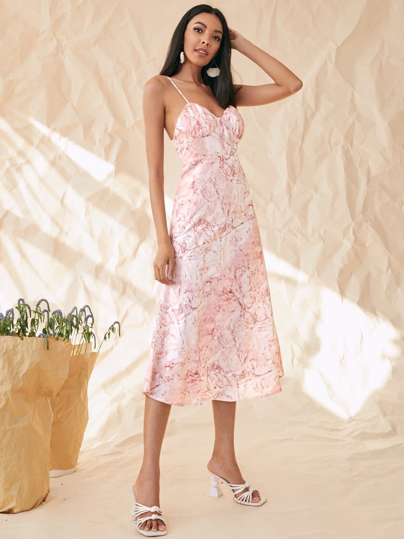 Pink Spaghetti Strap Sleeveless Ruched Bust Marbled Cami Dress