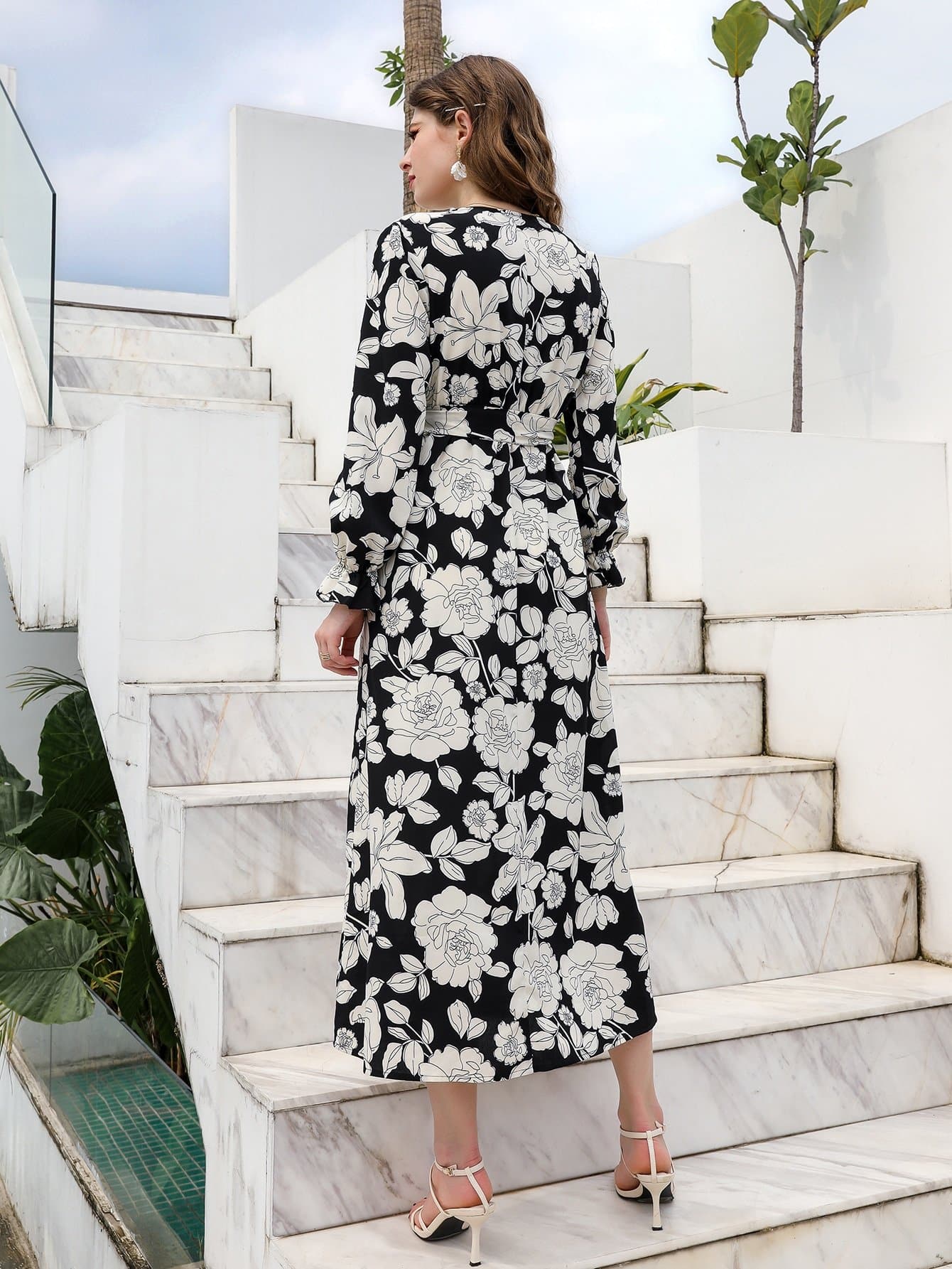 V-Neck Allover Floral Surplice Belted High Waist Dress