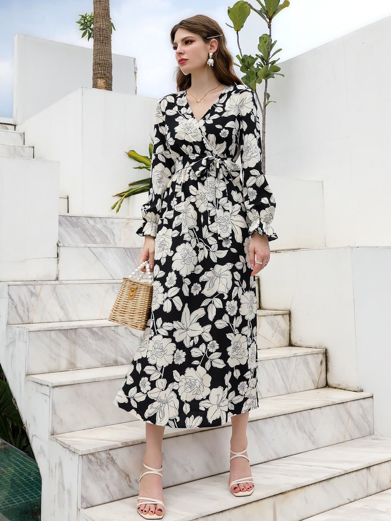 V-Neck Allover Floral Surplice Belted High Waist Dress