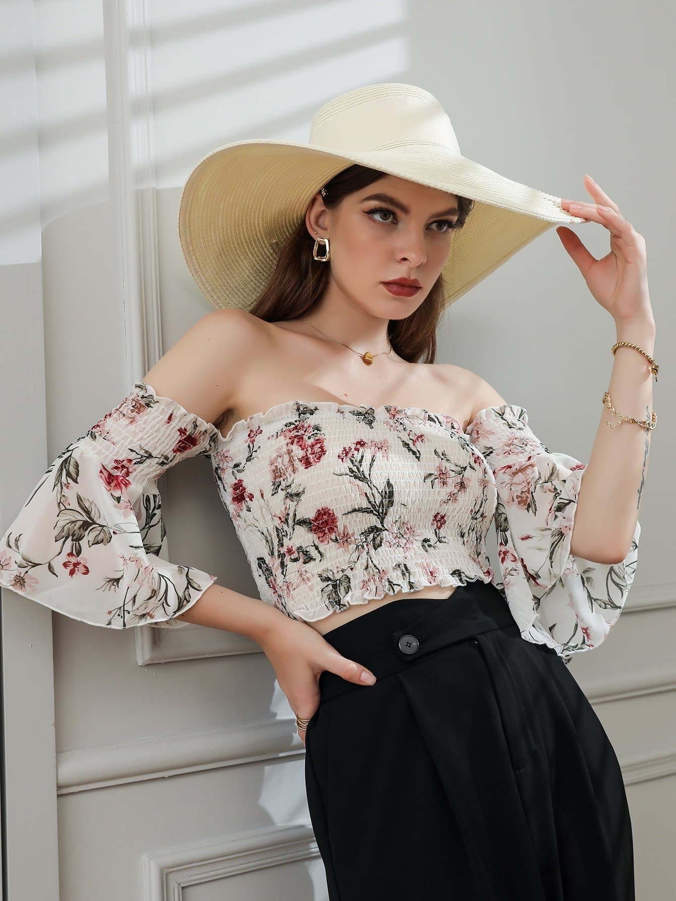Off Shoulder Floral Print Shirred Crop Bardot Top