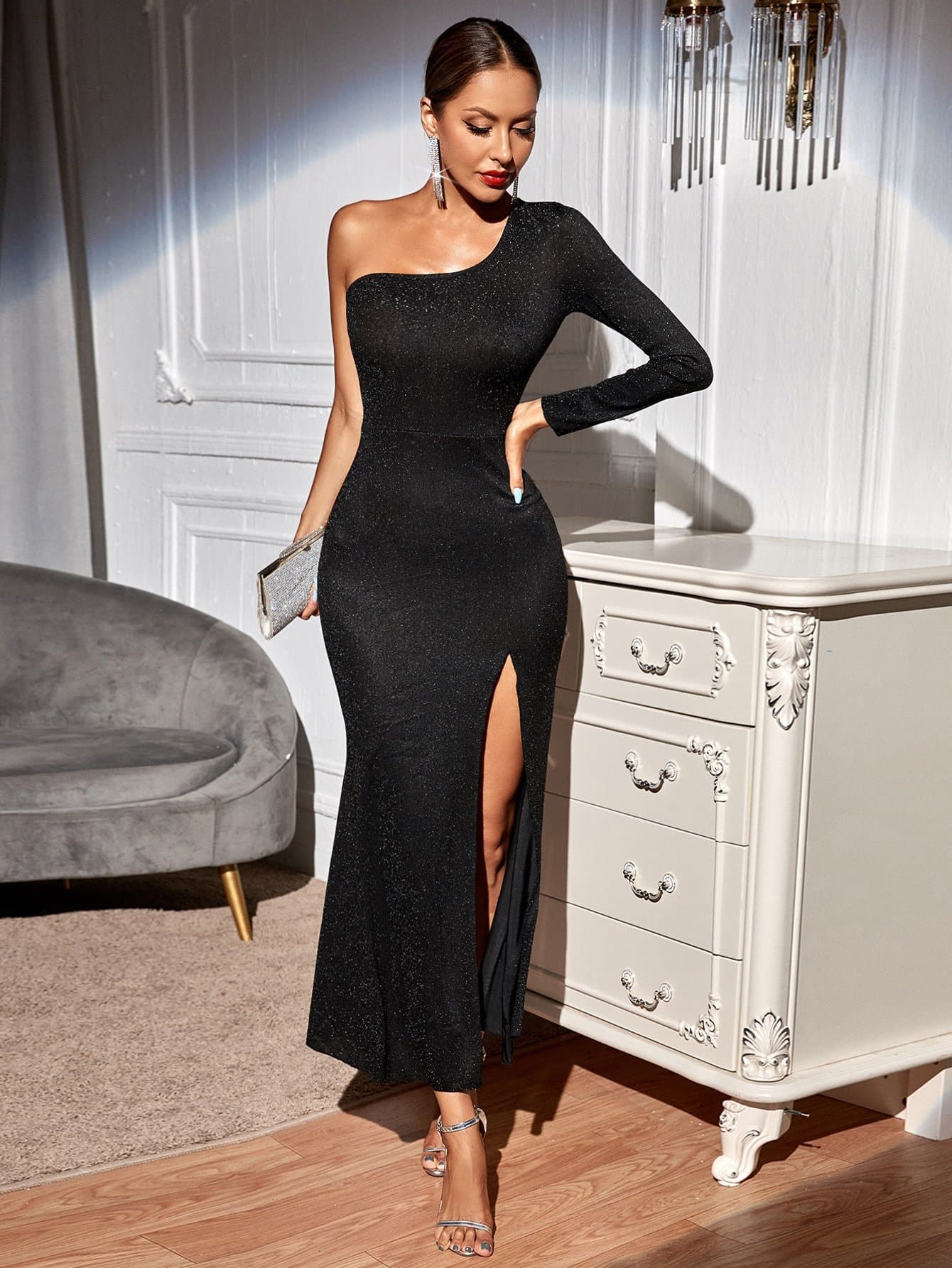 Black One Shoulder Side Split High Waist Dress Wear.Style Black One Shoulder Side Split High Waist Dress Wear.Style