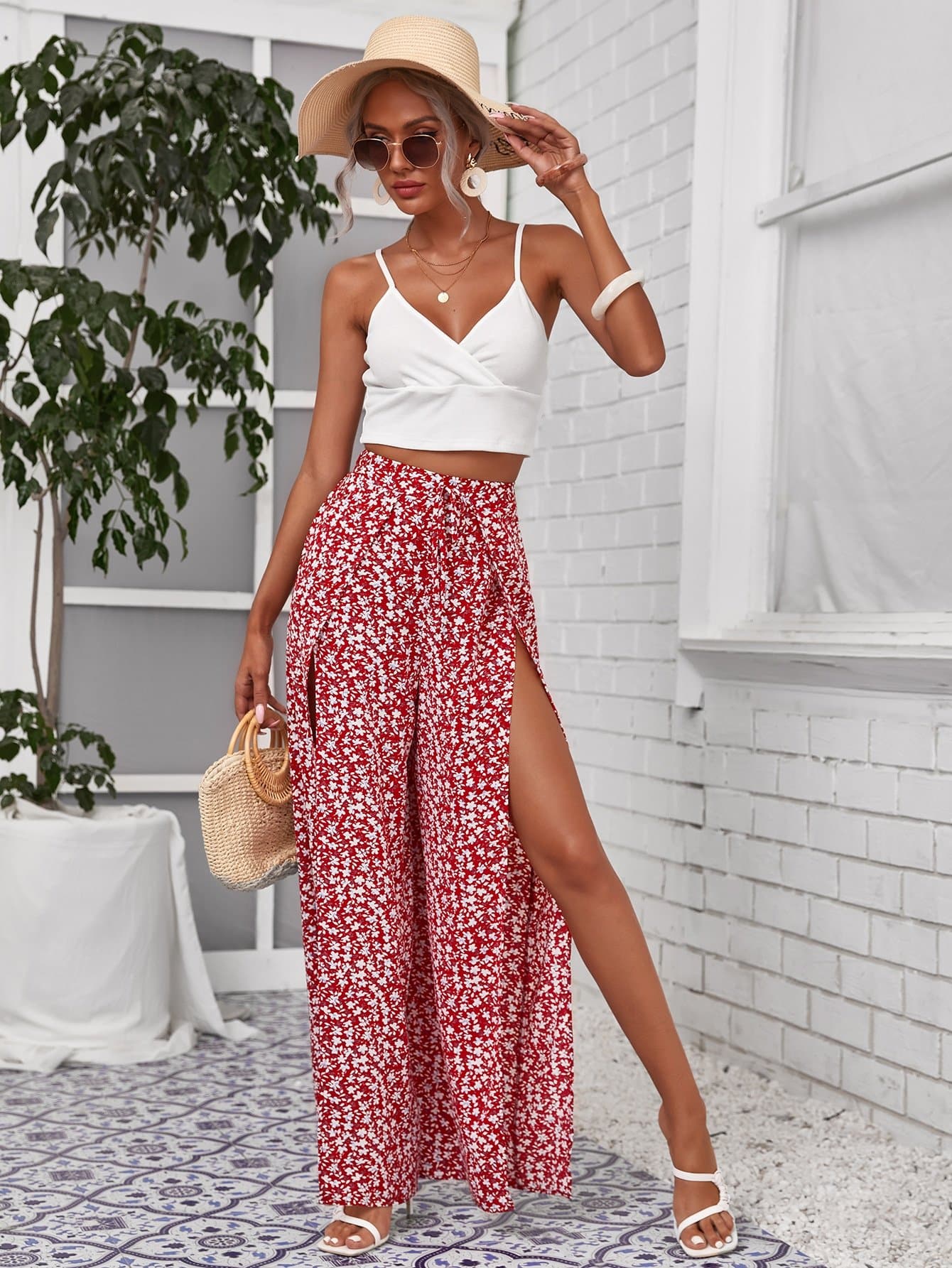 Sleeveless Surplice Neck Crop Cami Top and Ditsy Floral Wrap Palazzo Pants Set