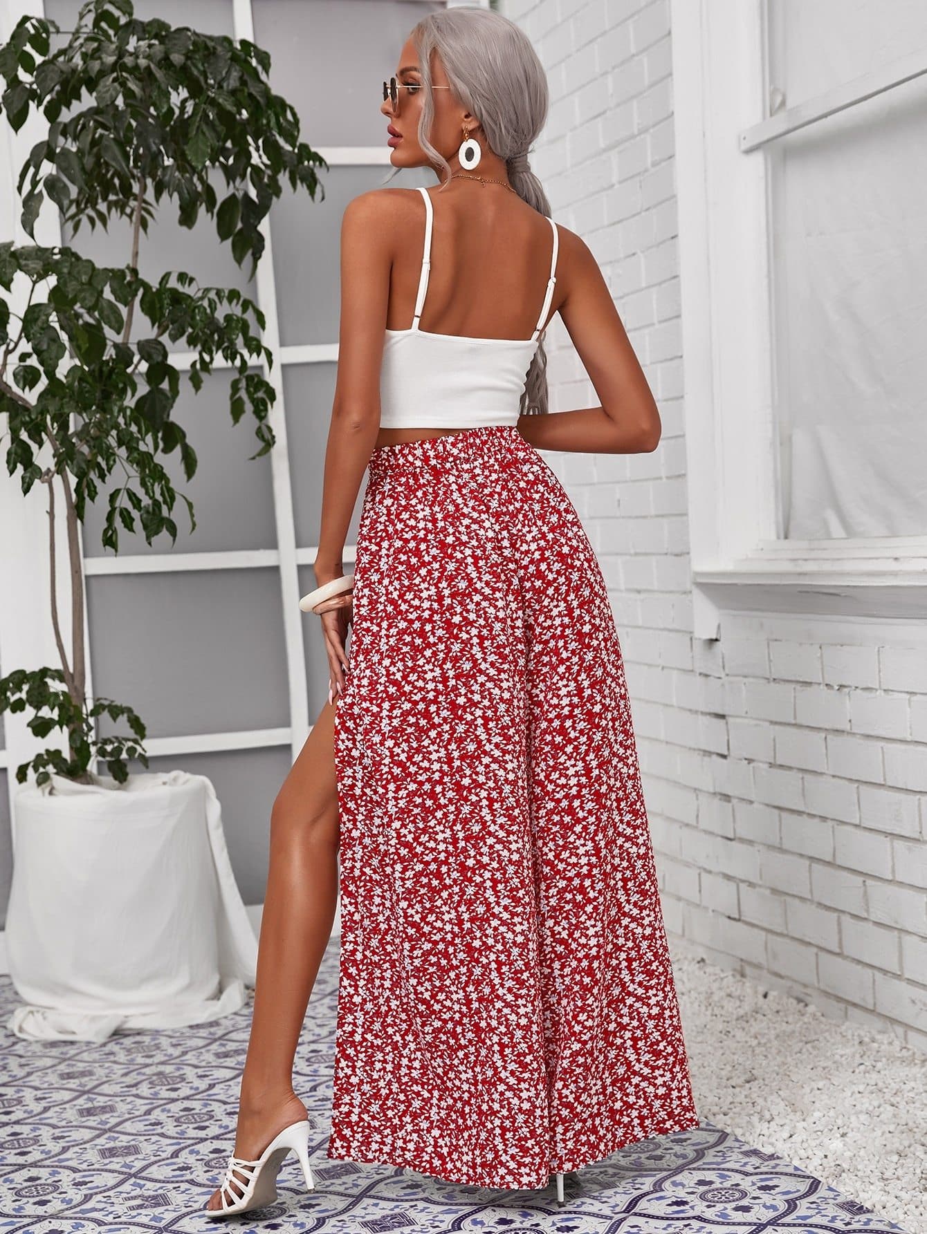 Sleeveless Surplice Neck Crop Cami Top and Ditsy Floral Wrap Palazzo Pants Set