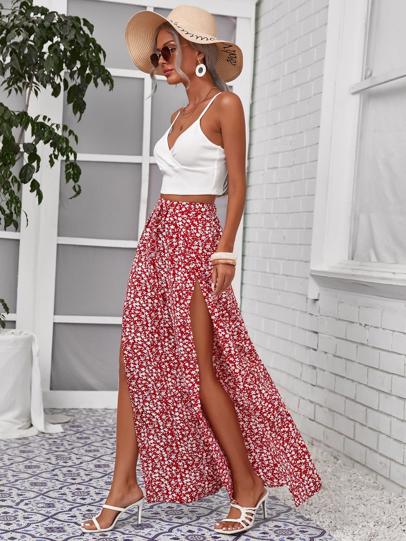 Sleeveless Surplice Neck Crop Cami Top and Ditsy Floral Wrap Palazzo Pants Set