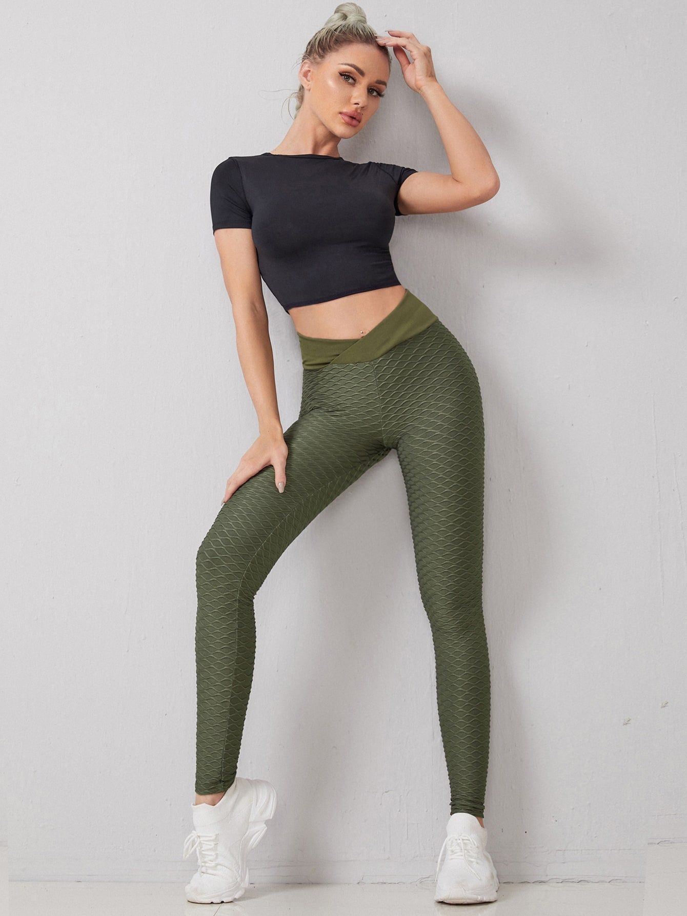 Army Green Breathable Softness Honeycomb Textured Sports Leggings