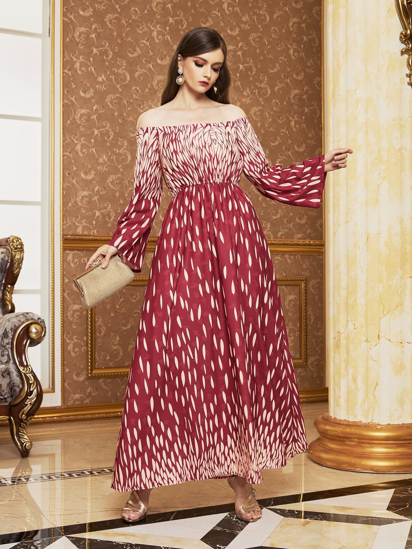 Rose Red Off Shoulder Allover Print High Waist Dress