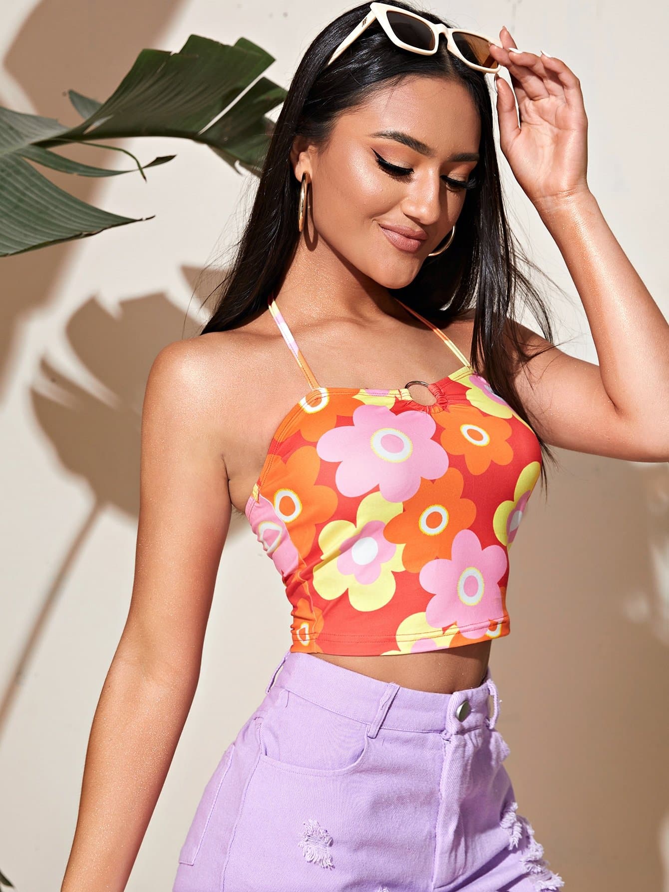 Sleeveless Spaghetti Strap O-ring Detail Floral Cami Top