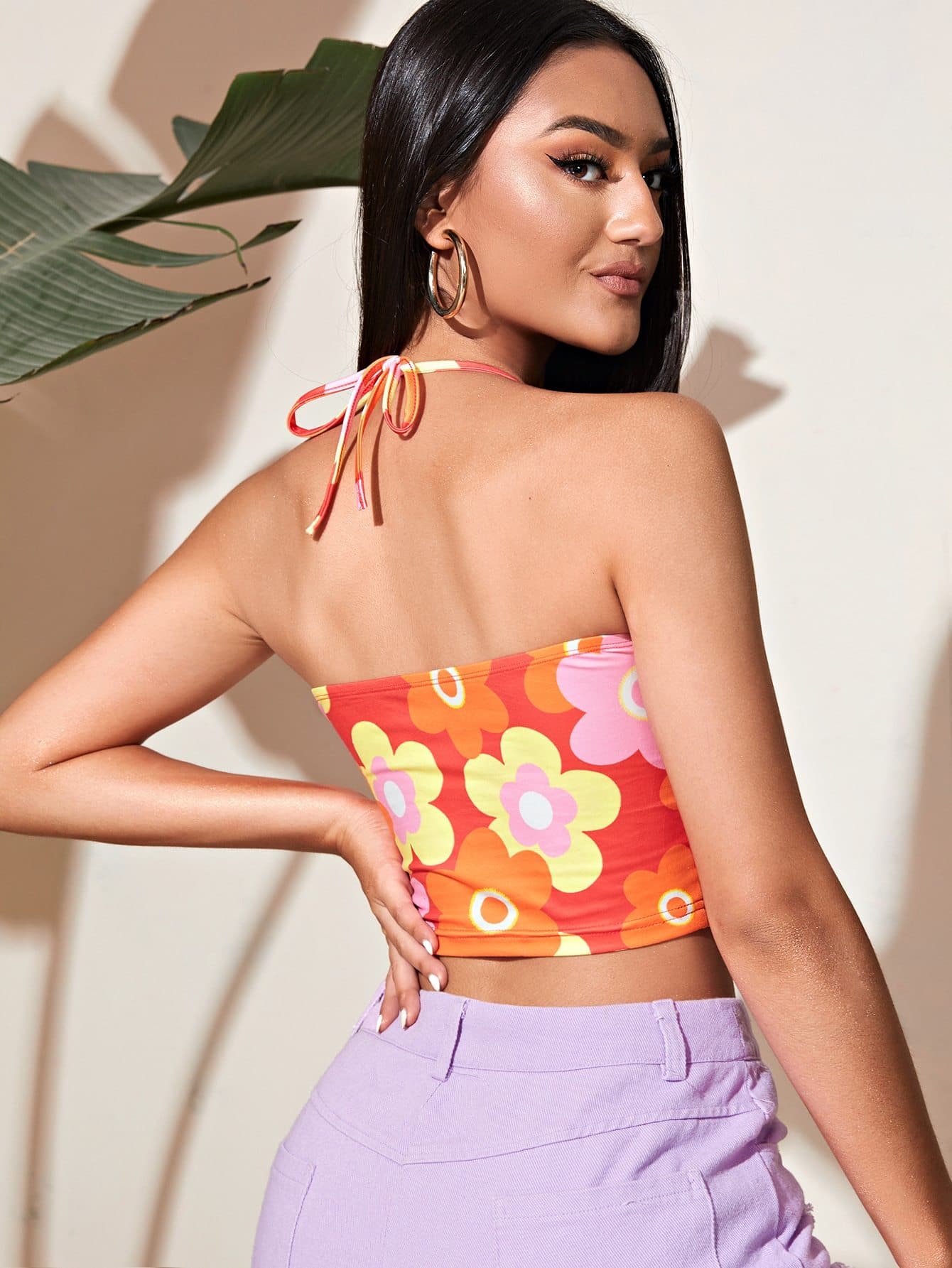 Sleeveless Spaghetti Strap O-ring Detail Floral Cami Top