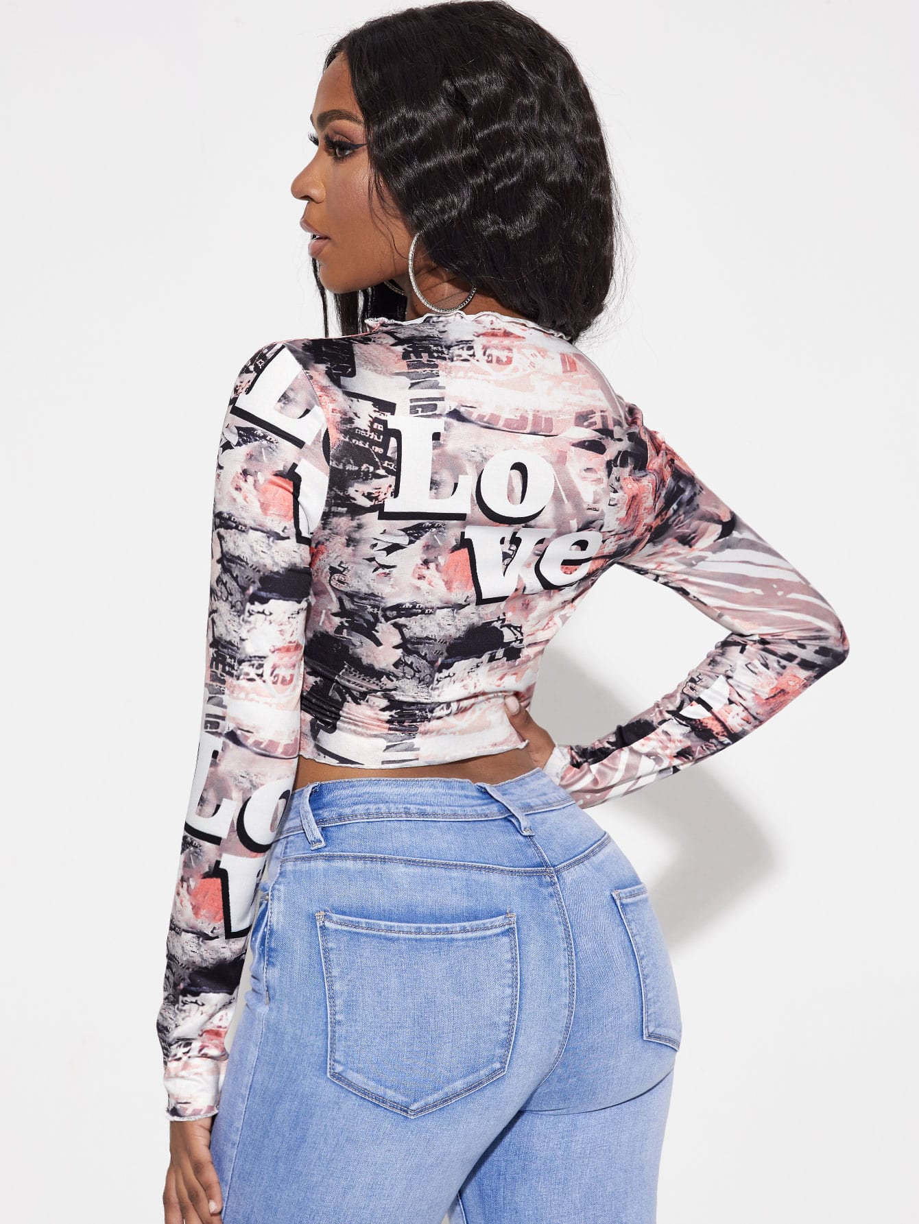 Stand Collar Letter Graphic Lettuce Trim Crop Top