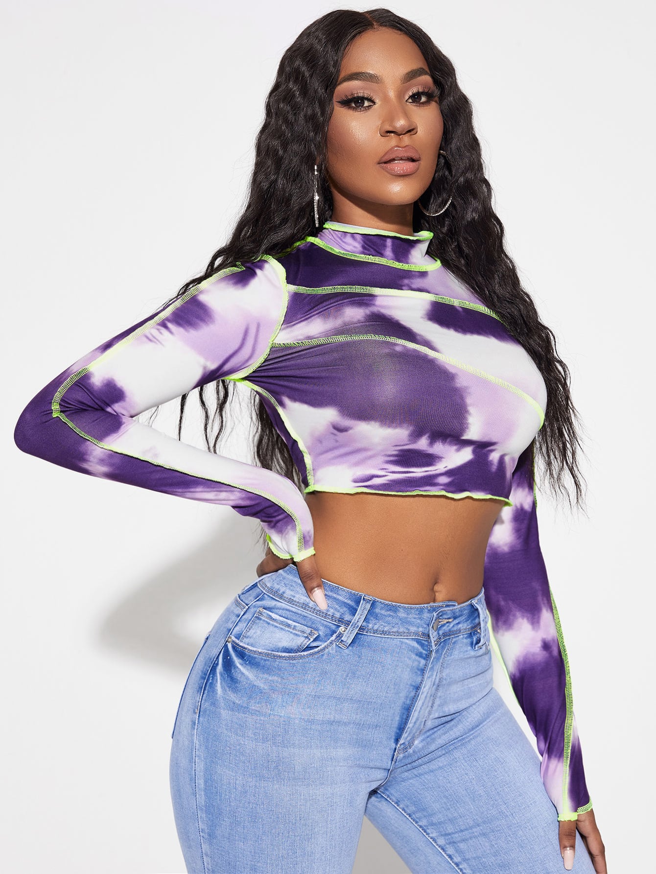 Tie Dye Topstitching Stand Collar Crop Top