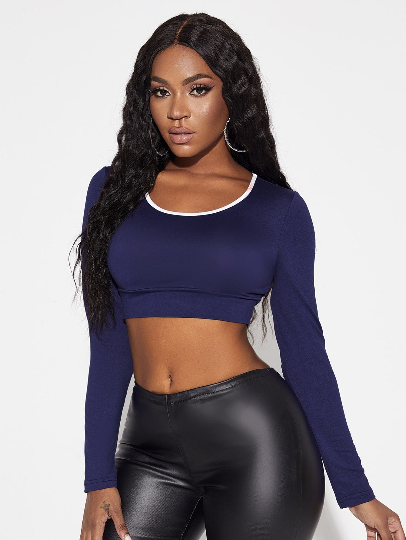 Royal Blue Scoop Neck Contrast Binding Crop Top
