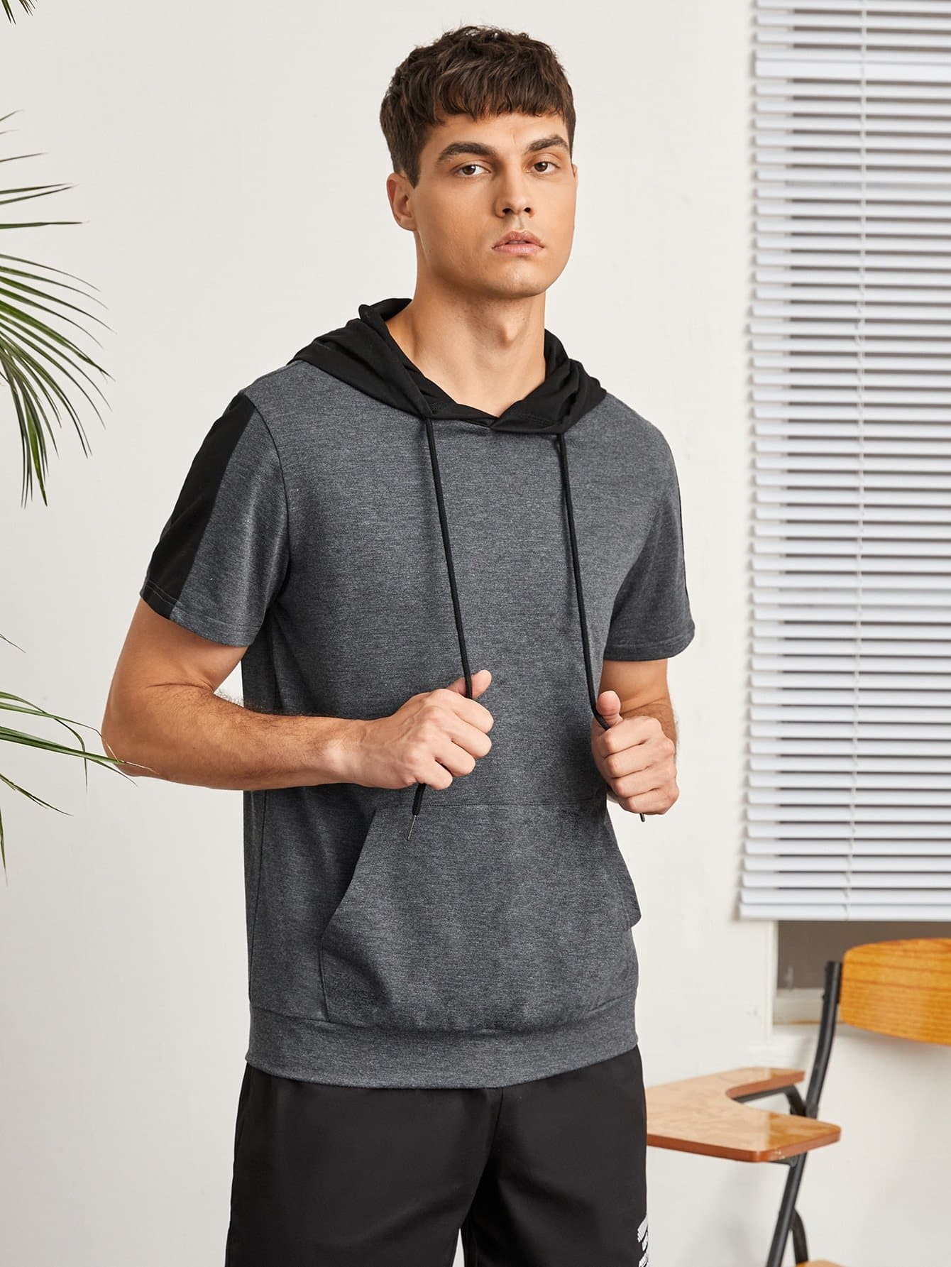 Dark Grey Kangaroo Pocket Striped Side Hoodie Sweatshirt