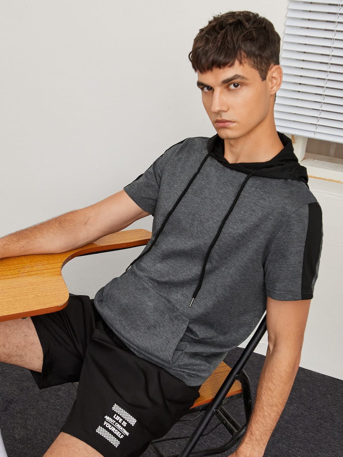 Dark Grey Kangaroo Pocket Striped Side Hoodie Sweatshirt