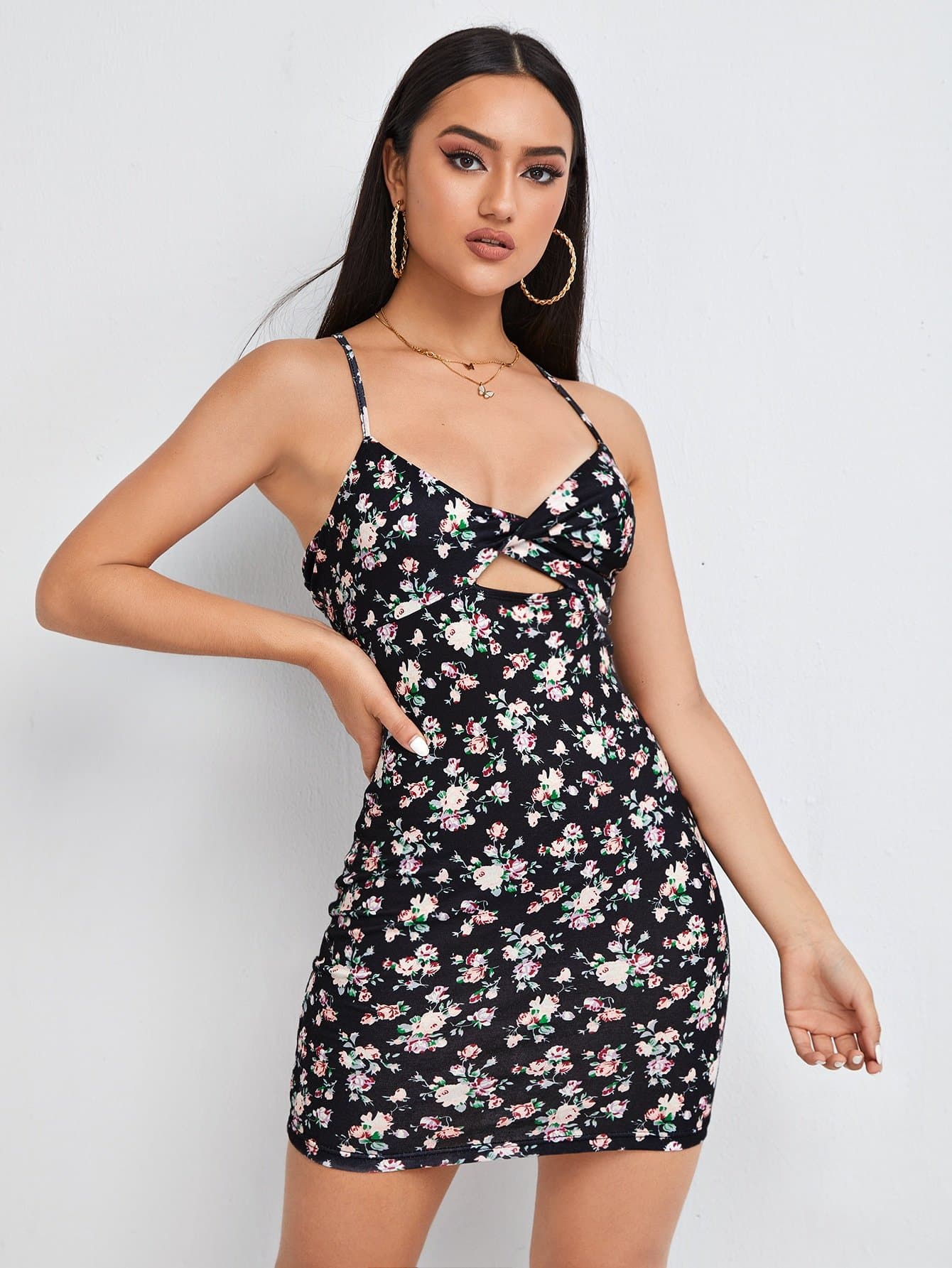 Spaghetti Strap Sleeveless Floral Twist Peekaboo Lace Up Backless Cami Dress