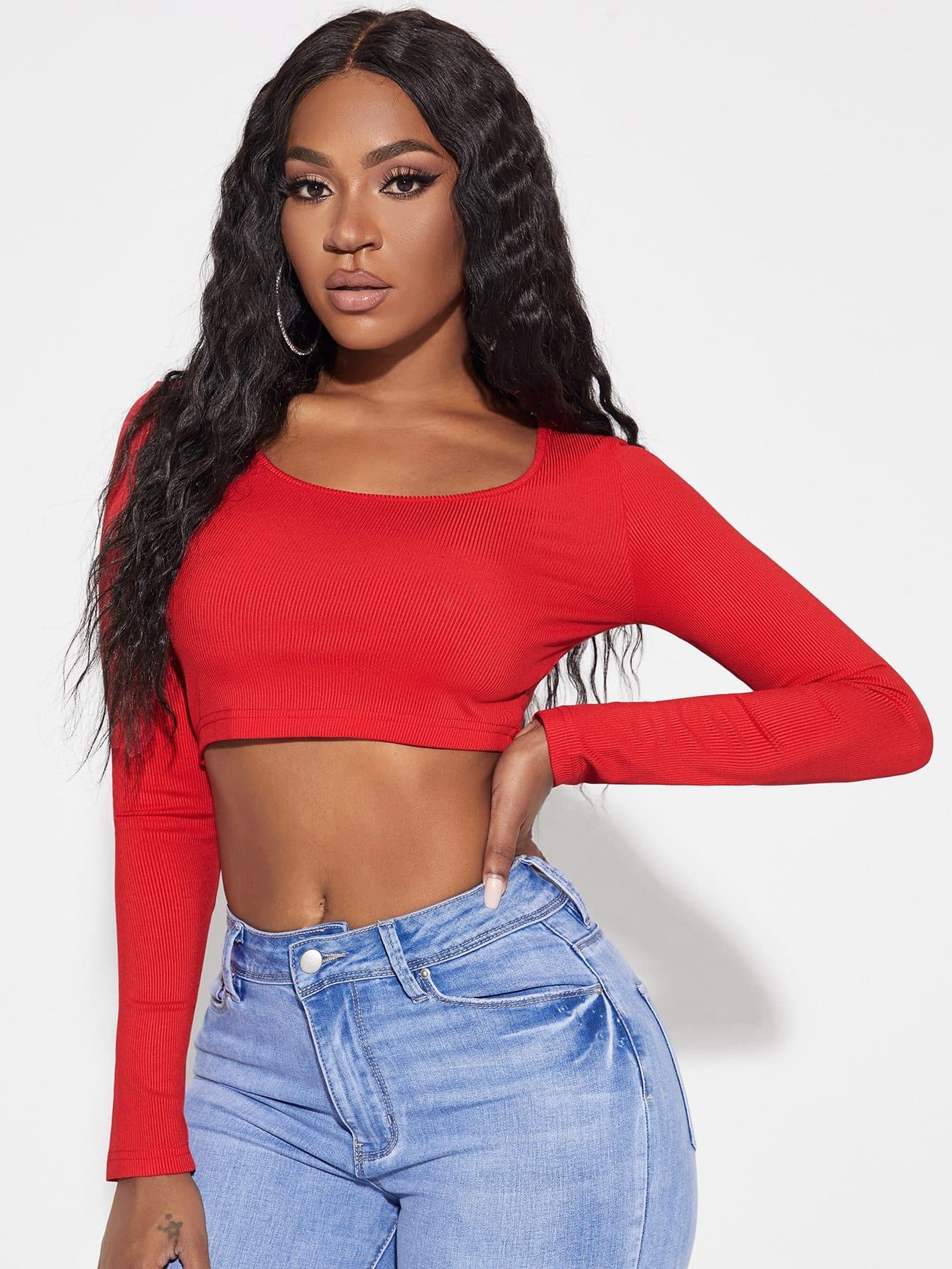 Red Scoop Neck Ribbed Knit Slim Fit Crop Top