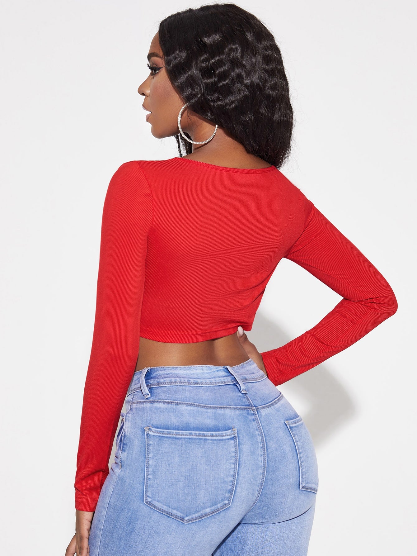 Red Scoop Neck Ribbed Knit Slim Fit Crop Top